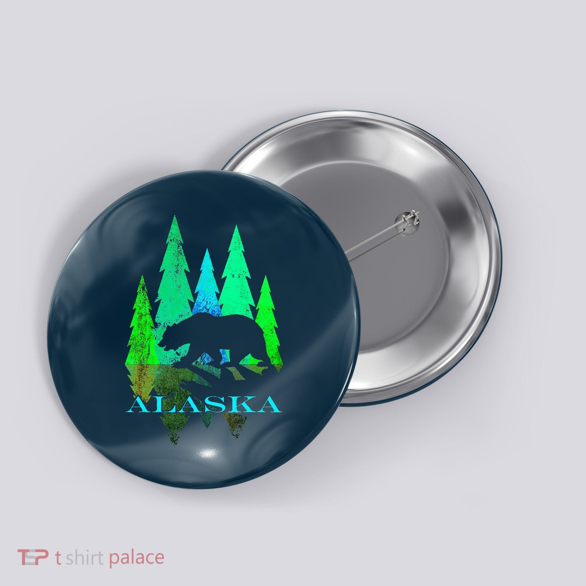 Alaska Alaskan Northern Light Trees With Bear Button