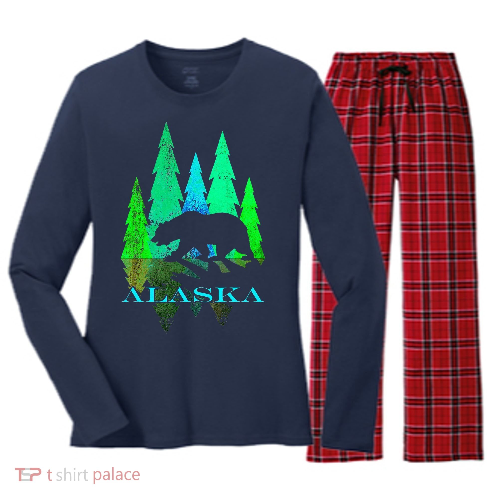 Alaska Alaskan Northern Light Trees With Bear Women's Long Sleeve Flannel Pajama Set 