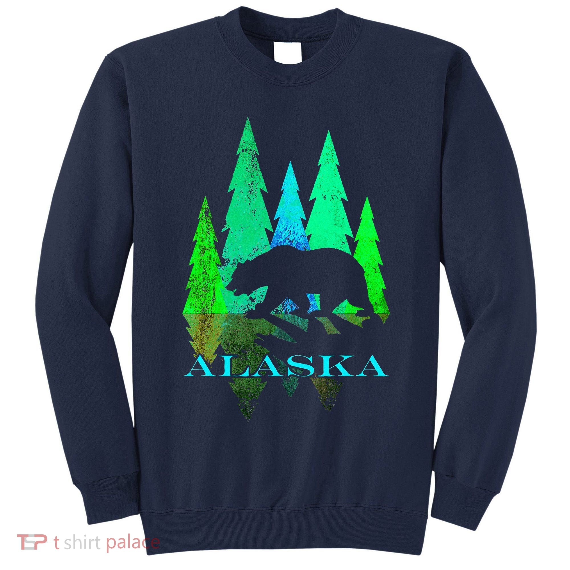 Alaska Alaskan Northern Light Trees With Bear Tall Sweatshirt