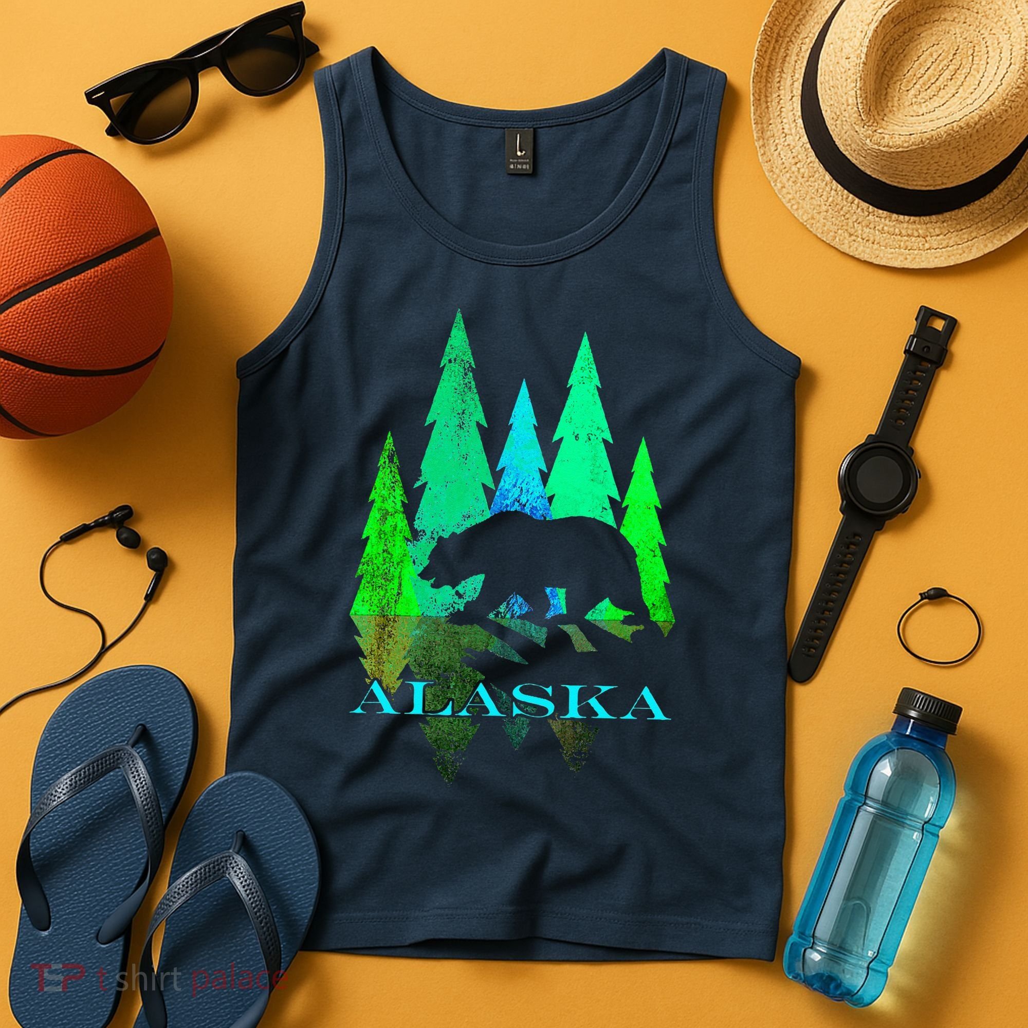 Alaska Alaskan Northern Light Trees With Bear Tank Top