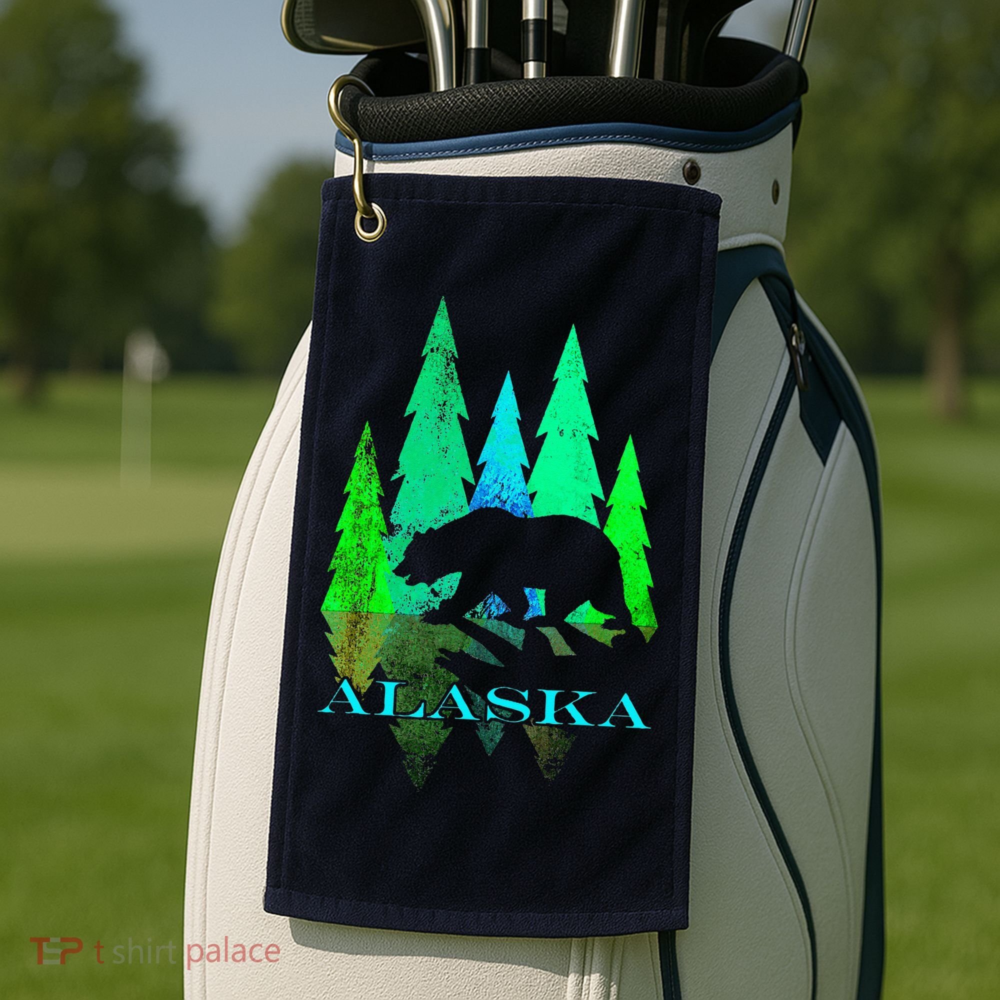 Alaska Alaskan Northern Light Trees With Bear Golf Towel