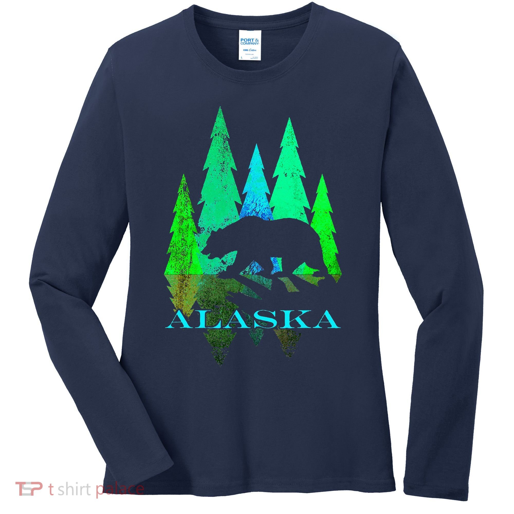 Alaska Alaskan Northern Light Trees With Bear Women's Long Sleeve Shirt