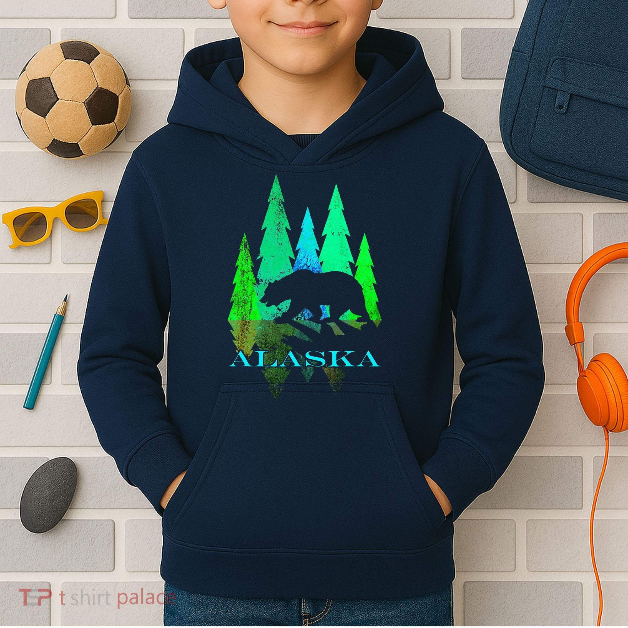 Alaska Alaskan Northern Light Trees With Bear Kids Hoodie