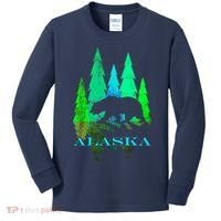 Alaska Alaskan Northern Light Trees With Bear Kids Long Sleeve Shirt thumb 0
