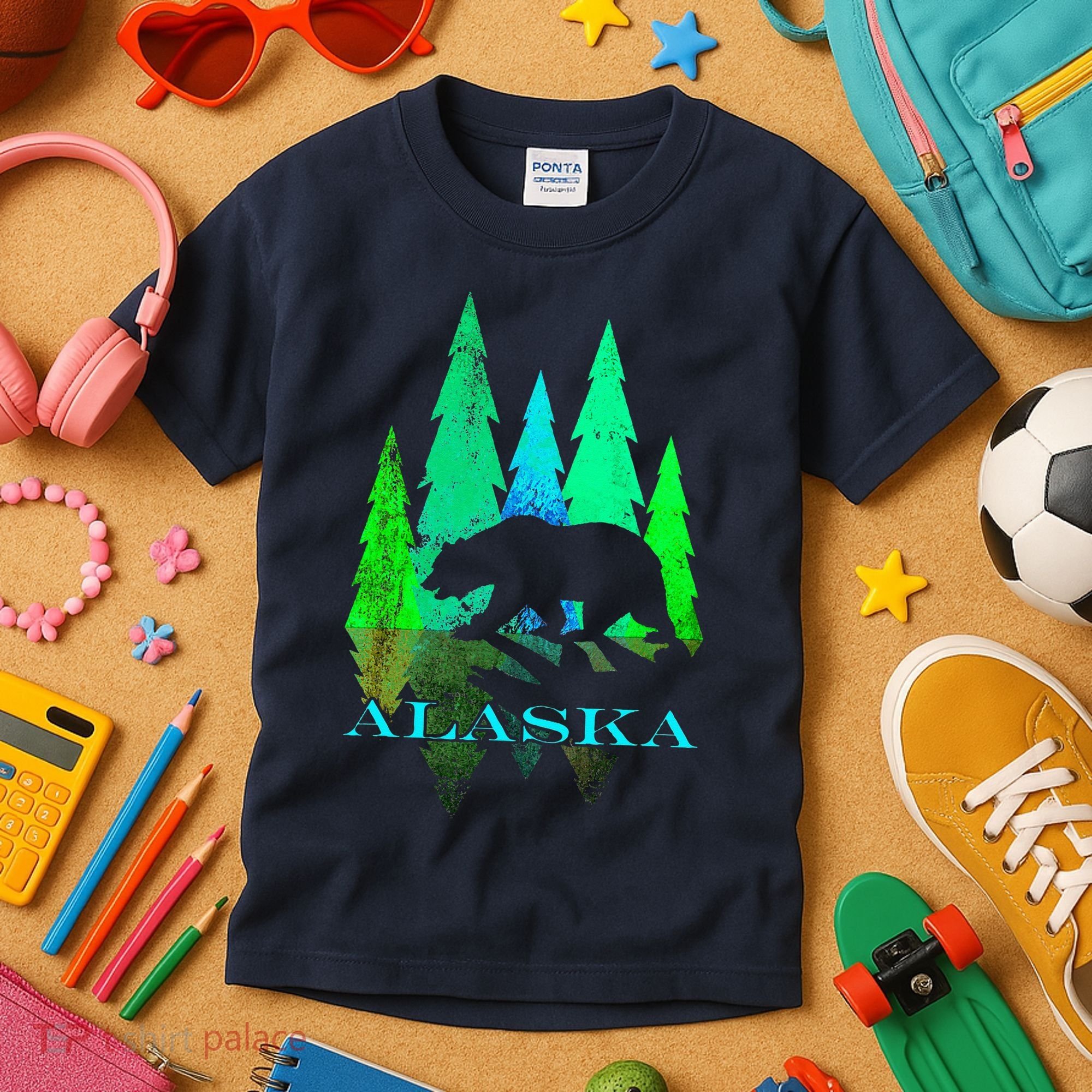 Alaska Alaskan Northern Light Trees With Bear Kids T-Shirt