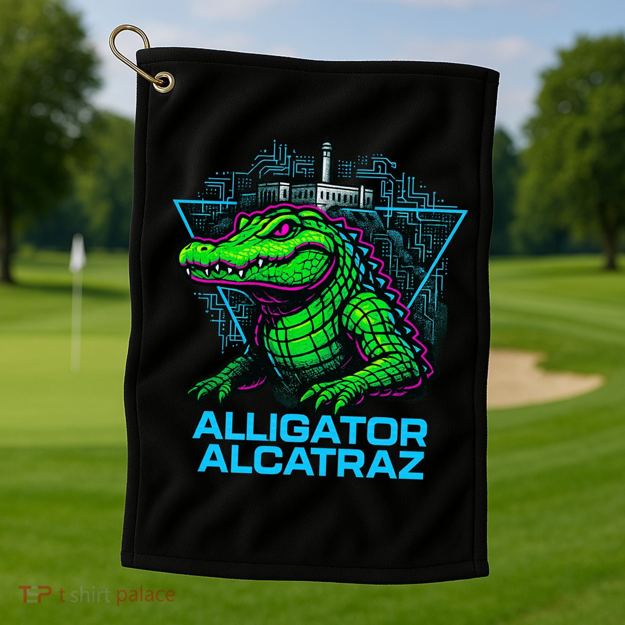 Alligator Alcatraz Neon Cityscape Golf Towel