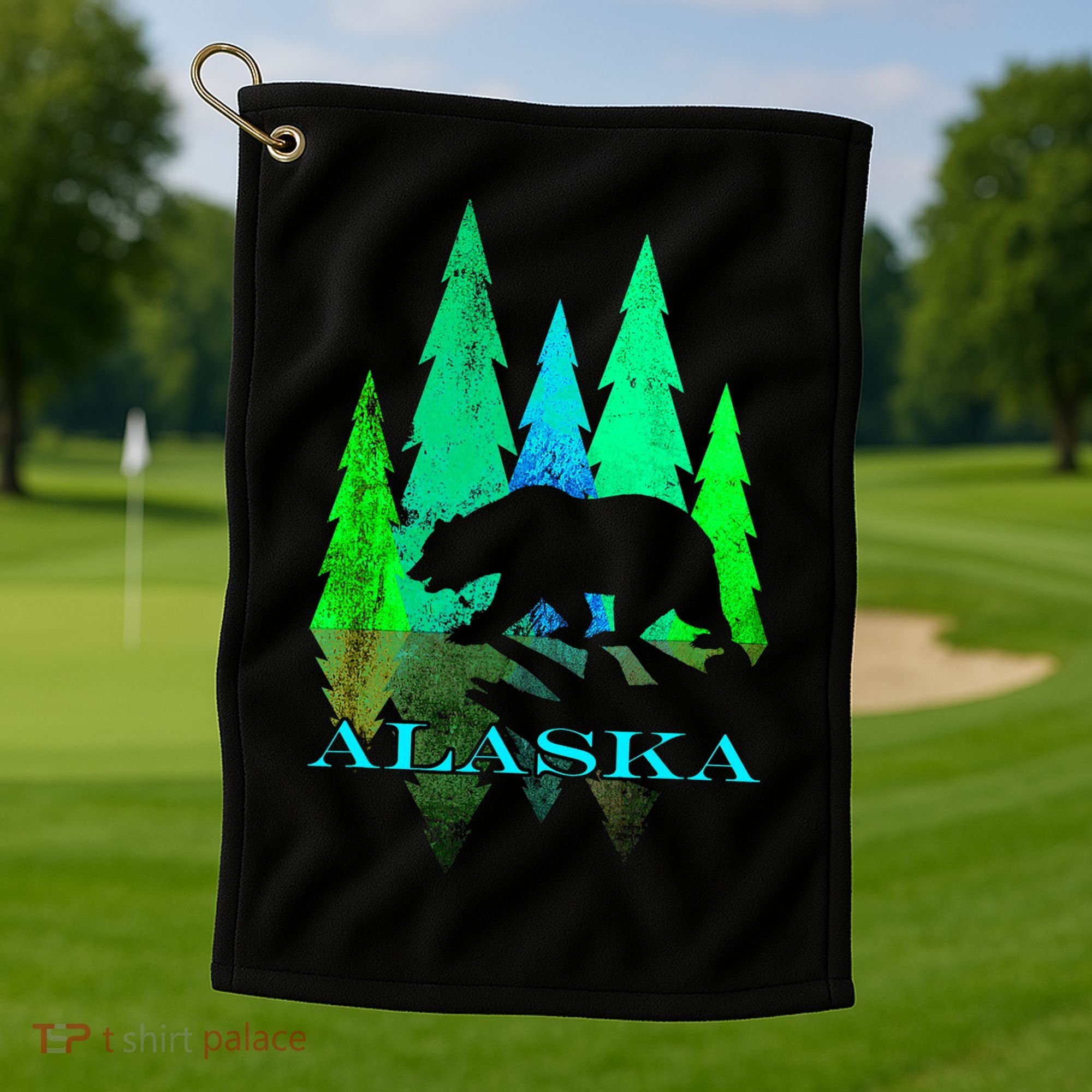 Alaska Alaskan Northern Light Trees With Bear Golf Towel
