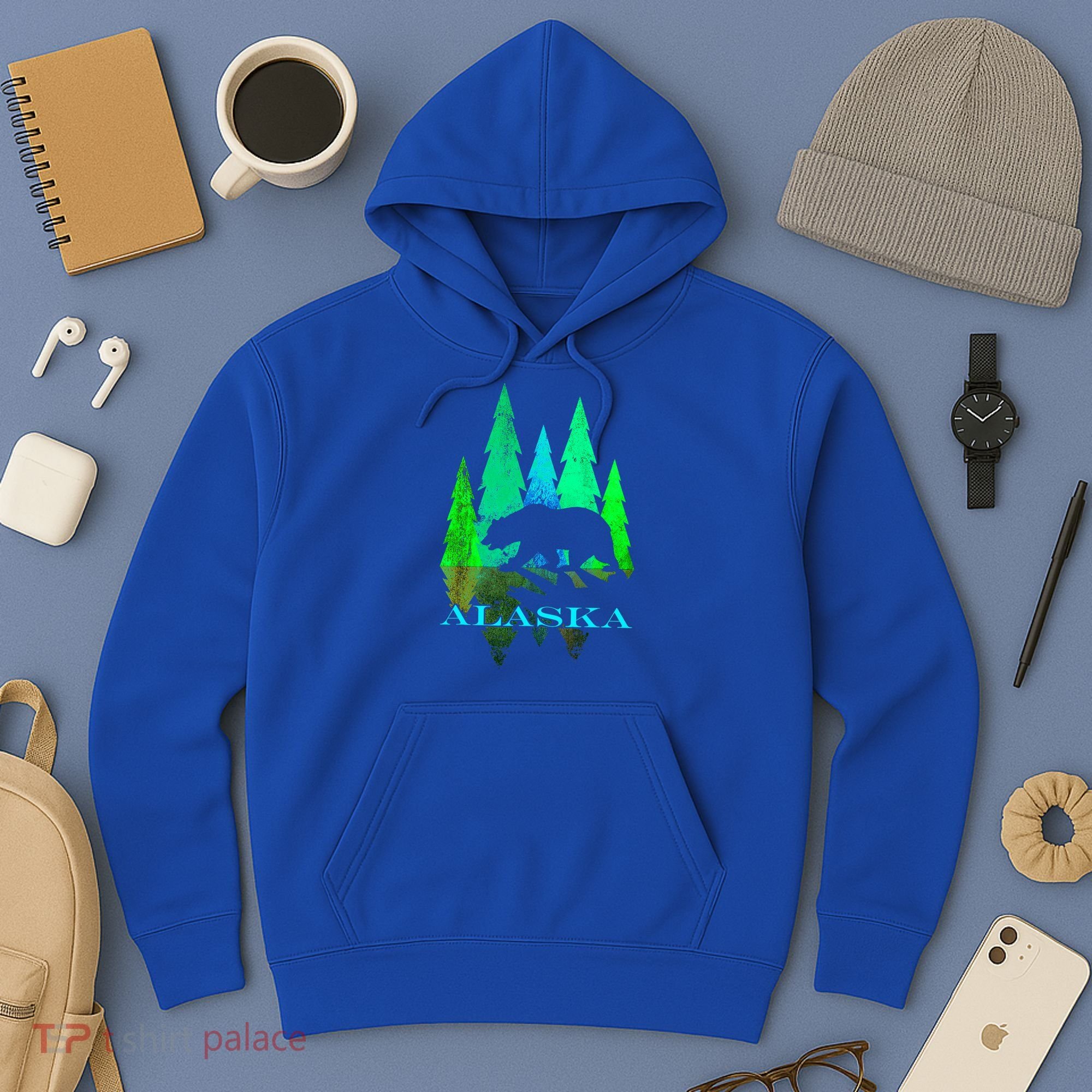 Alaska Alaskan Northern Light Trees With Bear Hoodie