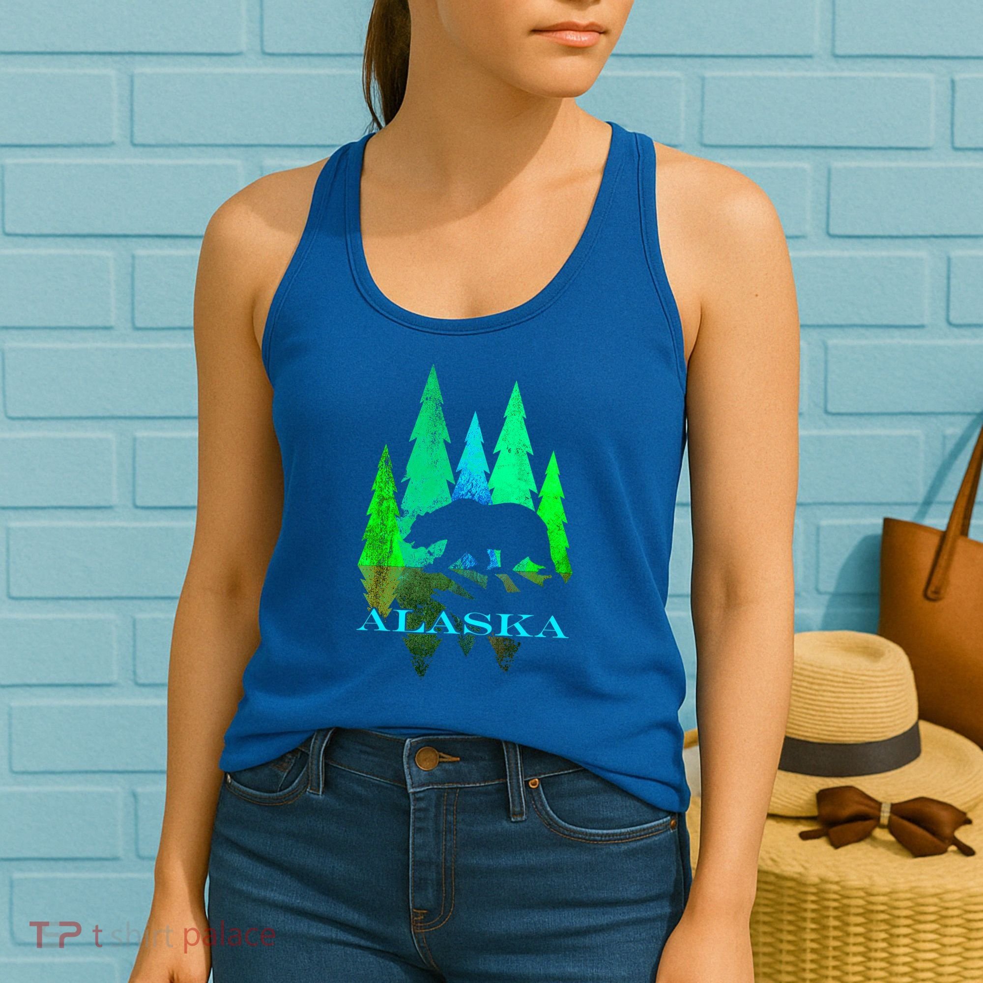 Alaska Alaskan Northern Light Trees With Bear Women's Tank Top