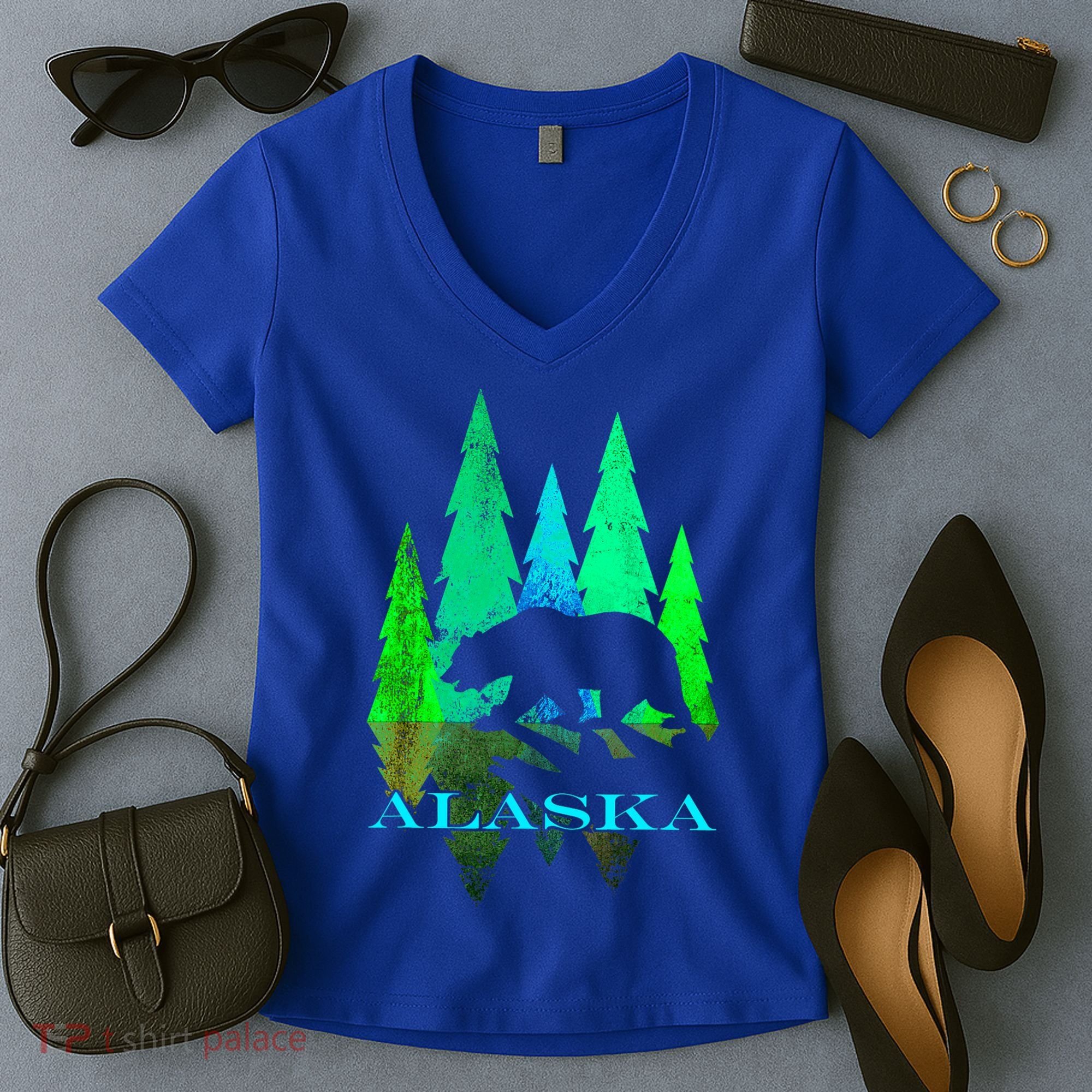 Alaska Alaskan Northern Light Trees With Bear Women's V-Neck T-Shirt
