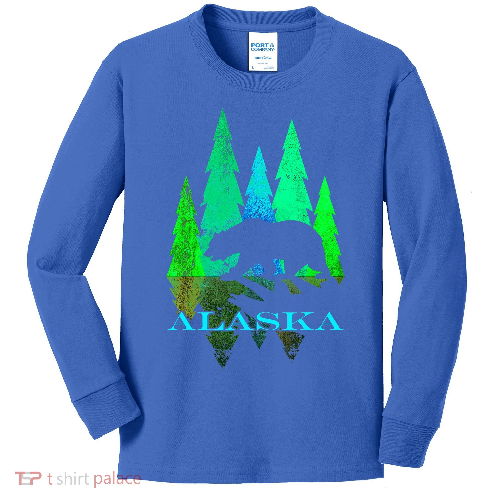 Alaska Alaskan Northern Light Trees With Bear Kids Long Sleeve Shirt