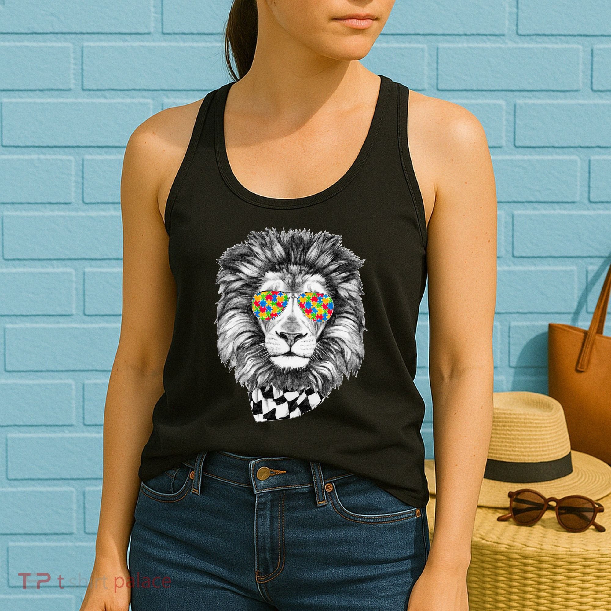 Autism Awareness Puzzle Sunglasses Lion Women's Tank Top