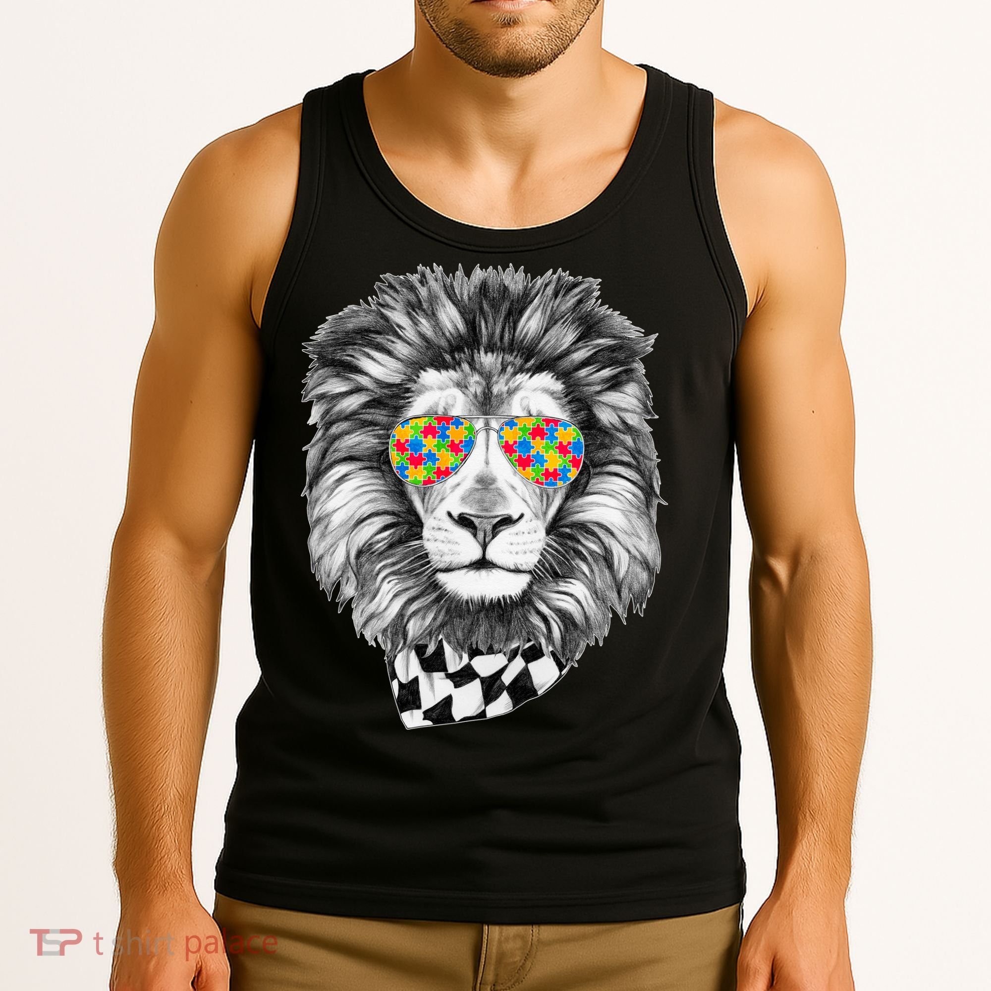 Autism Awareness Puzzle Sunglasses Lion Tank Top