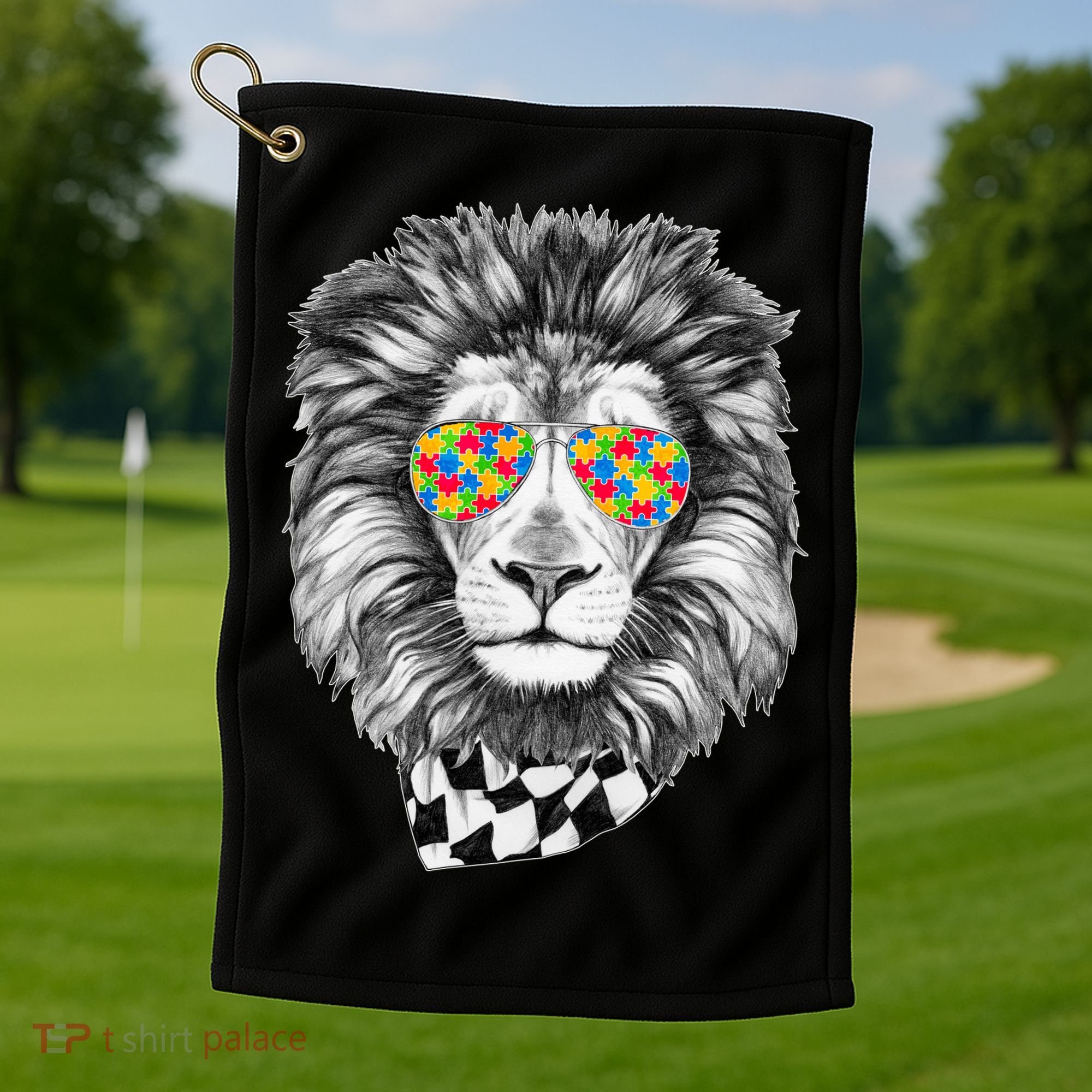 Autism Awareness Puzzle Sunglasses Lion Golf Towel