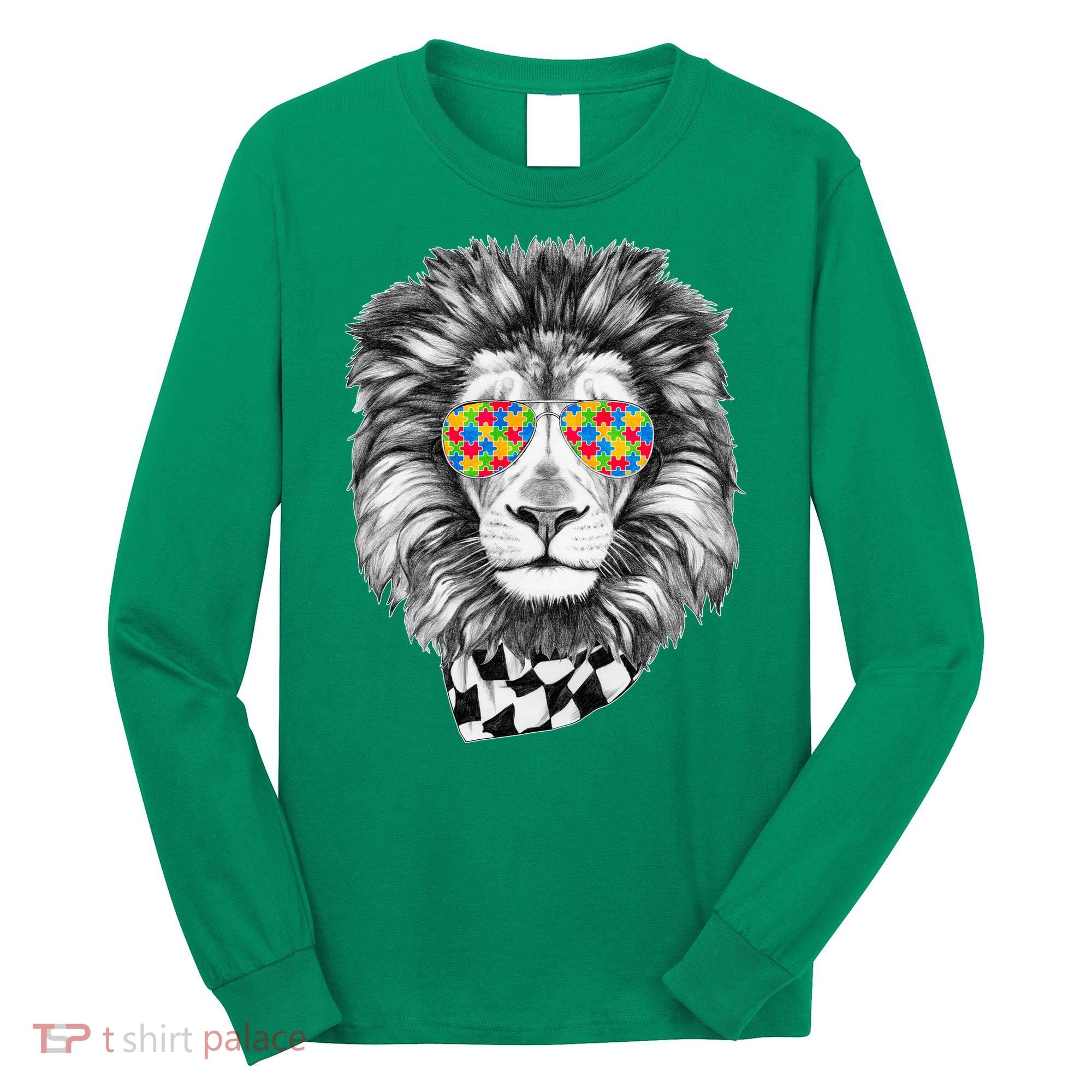 Autism Awareness Puzzle Sunglasses Lion Long Sleeve Shirt