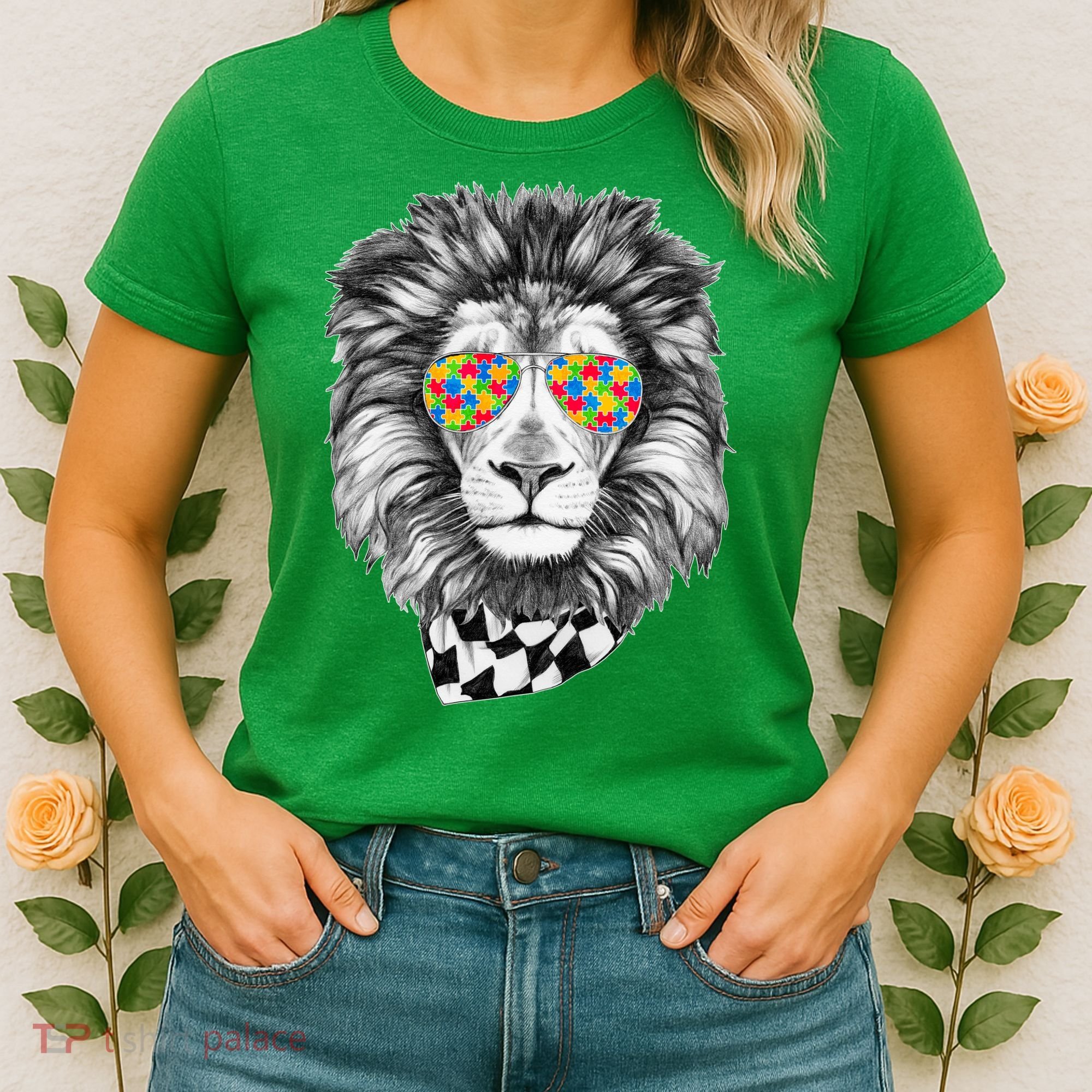 Autism Awareness Puzzle Sunglasses Lion Women's T-Shirt