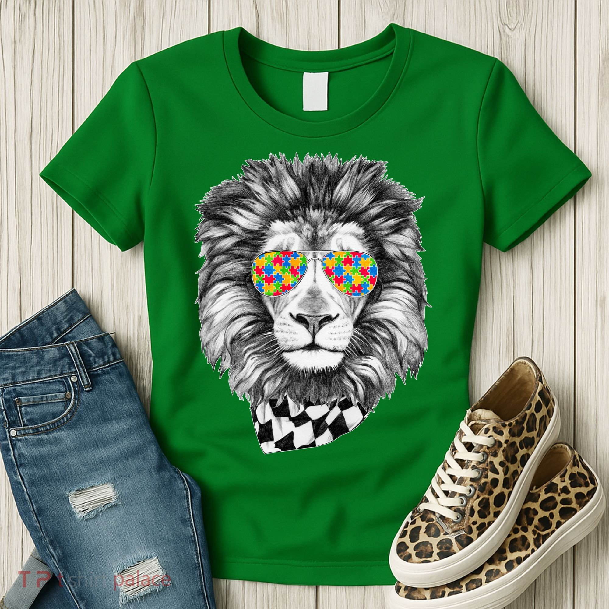 Autism Awareness Puzzle Sunglasses Lion Women's T-Shirt