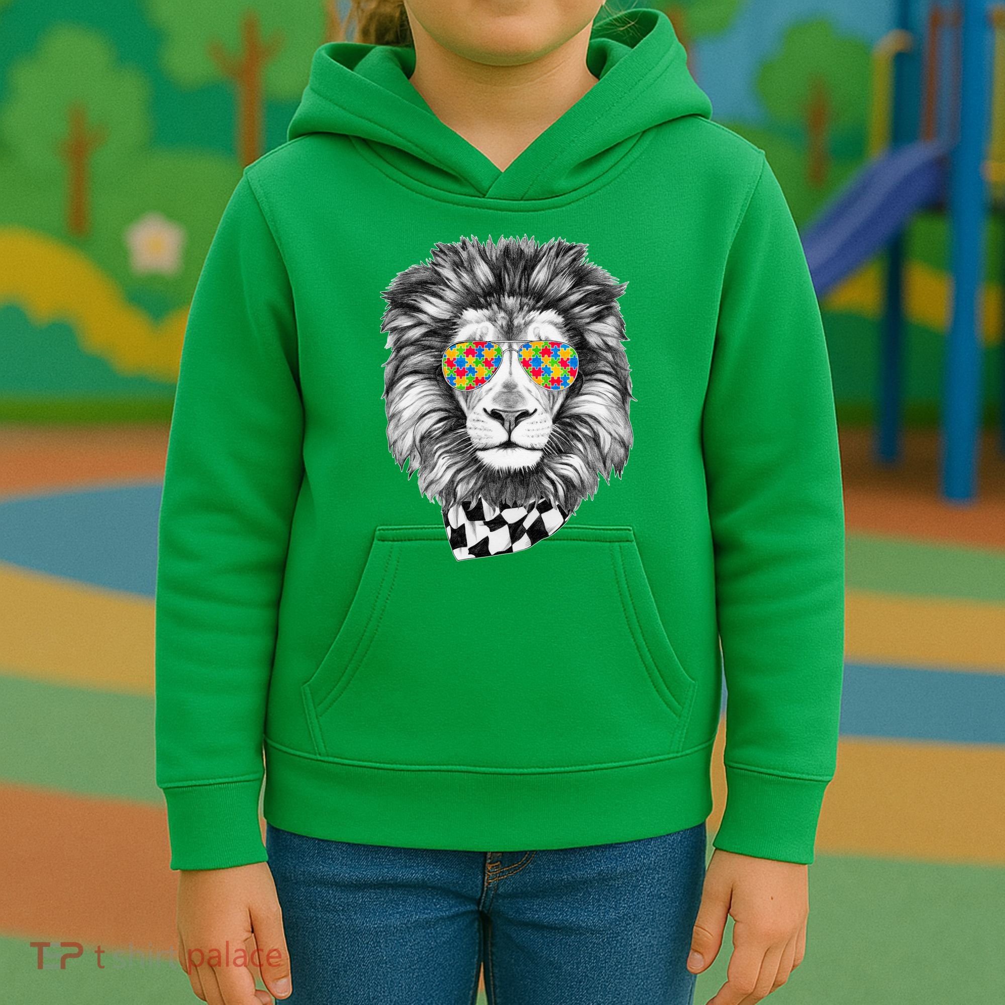 Autism Awareness Puzzle Sunglasses Lion Kids Hoodie