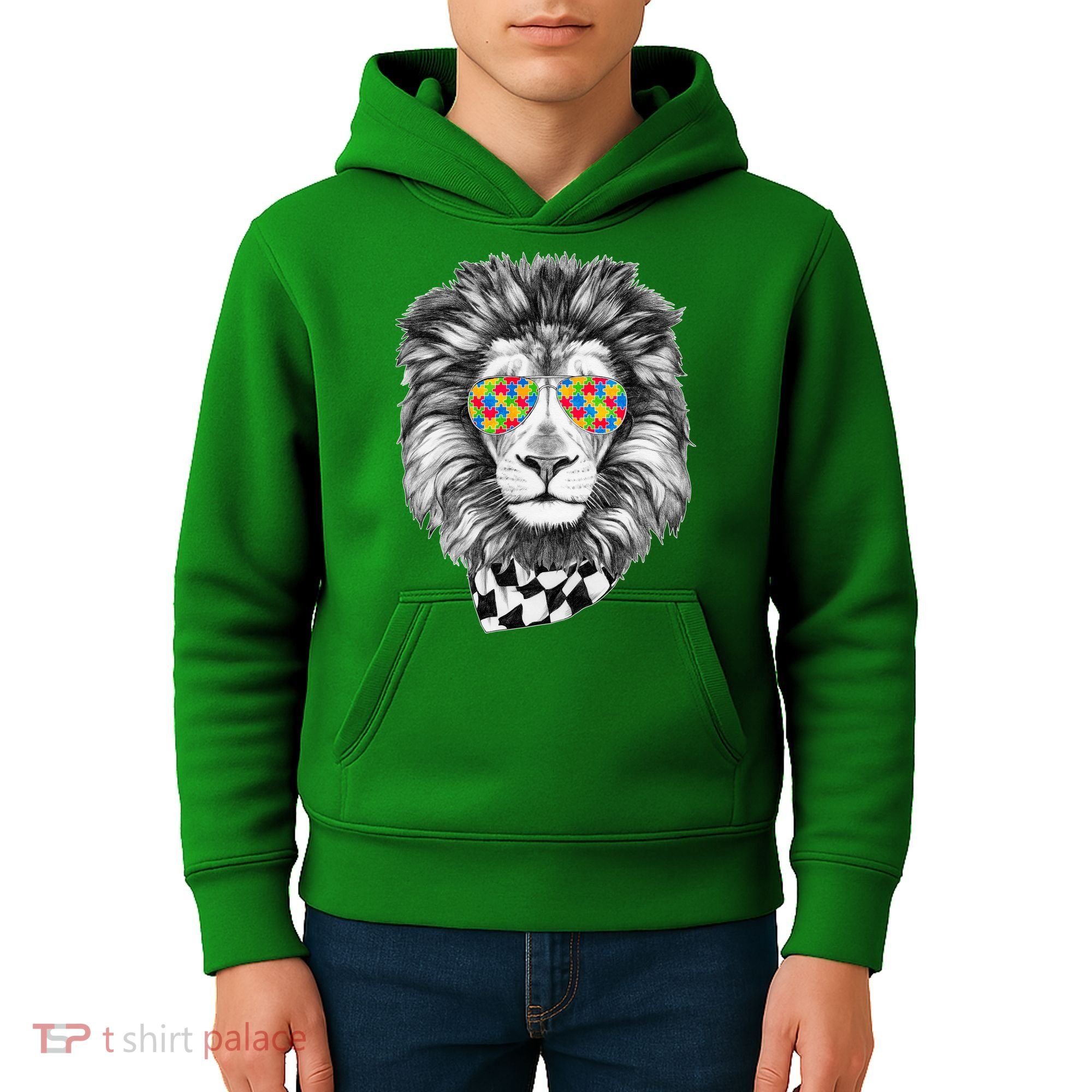 Autism Awareness Puzzle Sunglasses Lion Kids Hoodie
