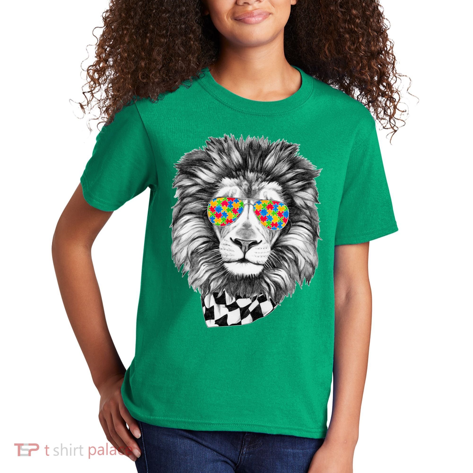 Autism Awareness Puzzle Sunglasses Lion Kids T-Shirt