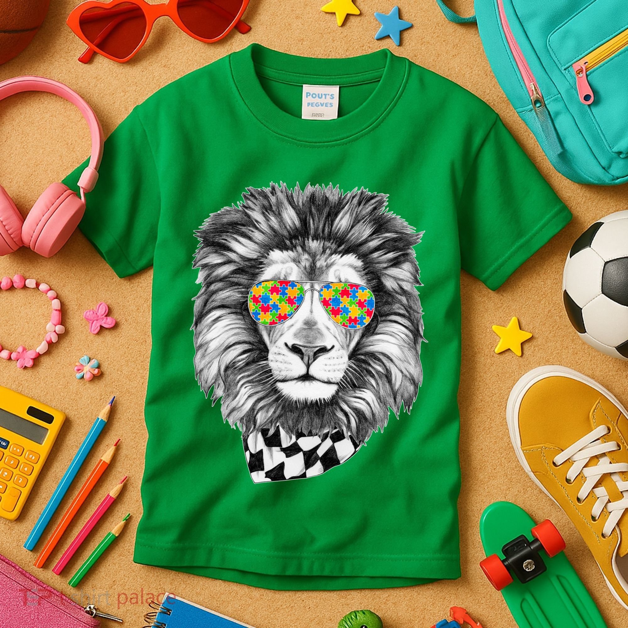 Autism Awareness Puzzle Sunglasses Lion Kids T-Shirt