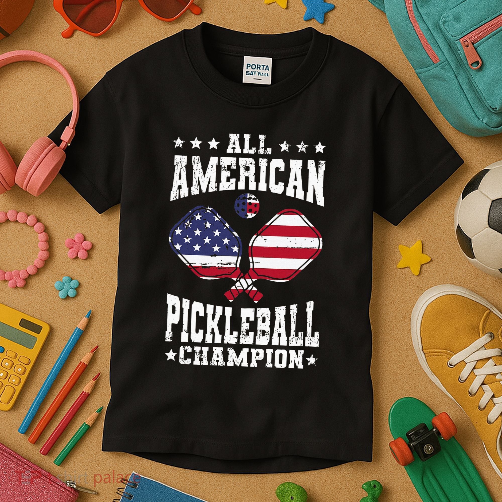 All American Pickleball Champion Patriotic Paddleball Kids T-Shirt