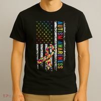 Autism Awareness Puzzle Ribbon Usa Flag T-Shirt thumb 3