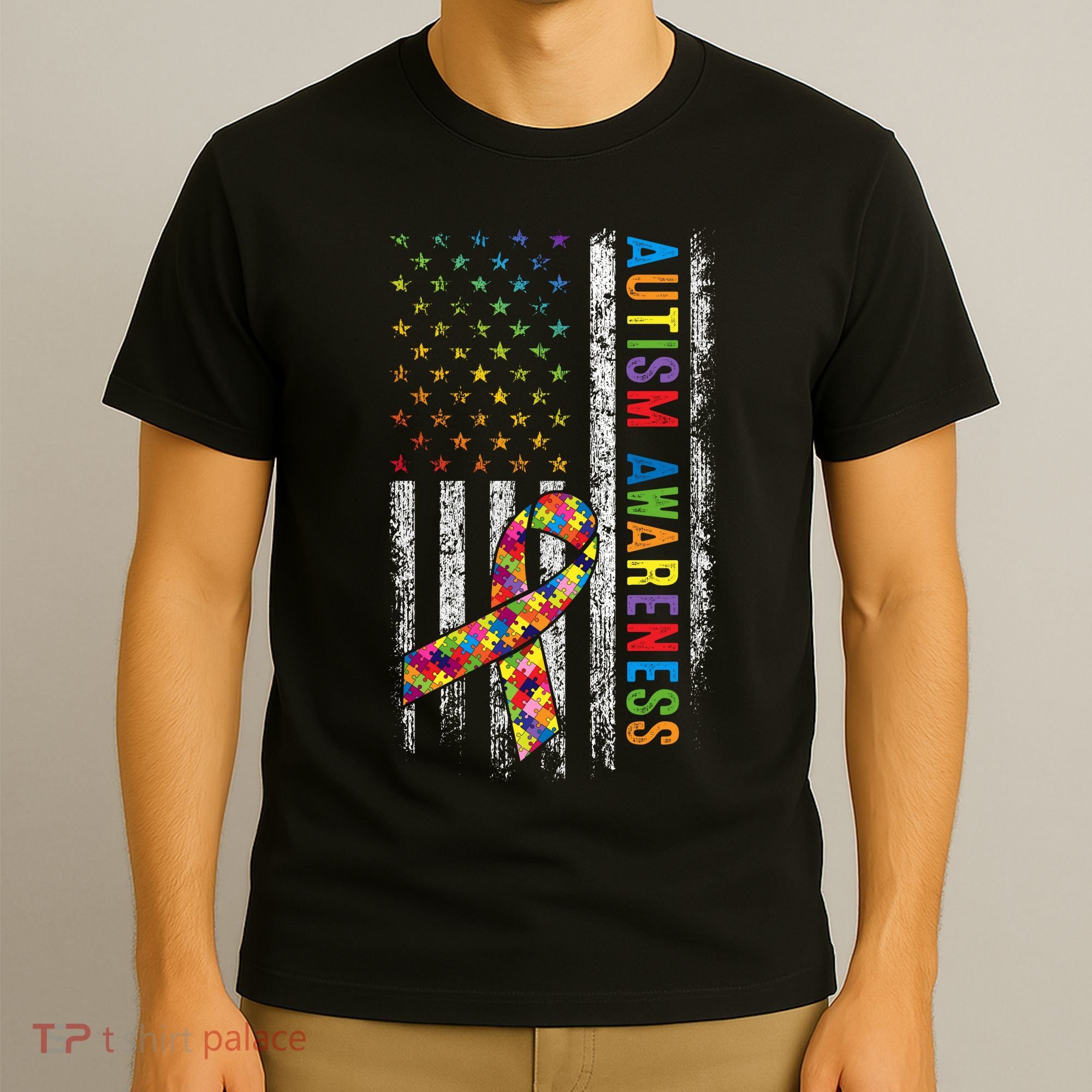 Autism Awareness Puzzle Ribbon Usa Flag T-Shirt