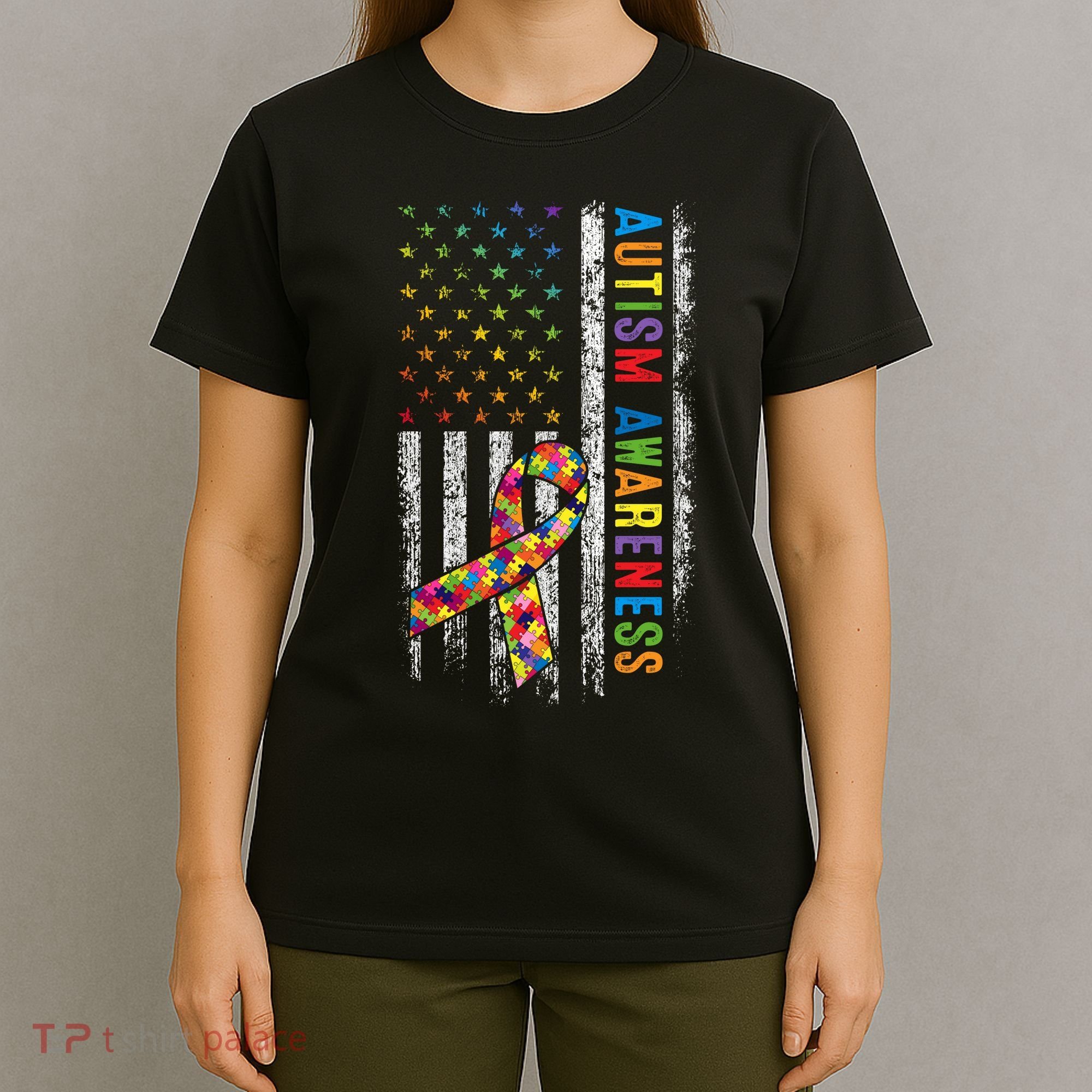 Autism Awareness Puzzle Ribbon Usa Flag T-Shirt