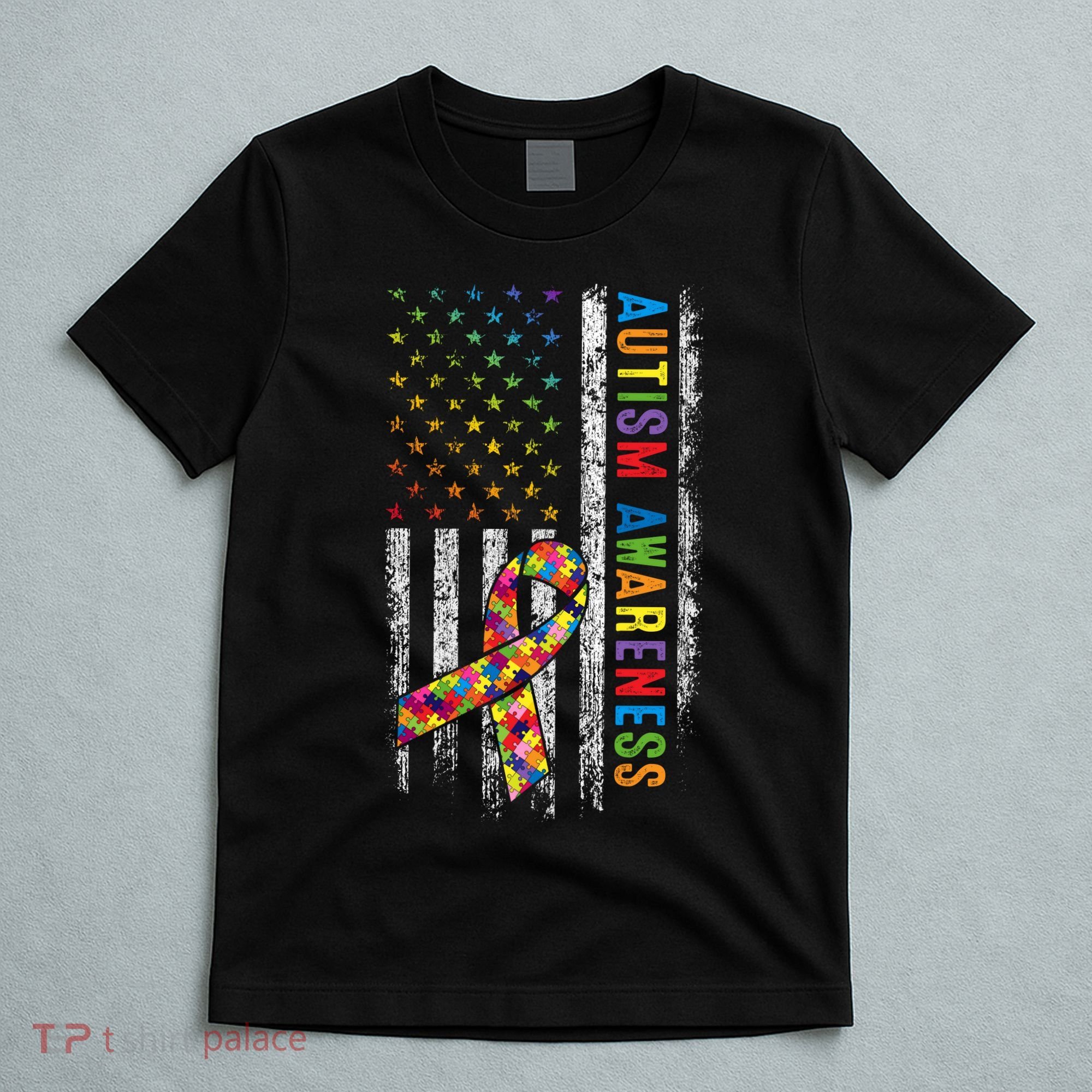 Autism Awareness Puzzle Ribbon Usa Flag T-Shirt