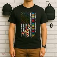 Autism Awareness Puzzle Ribbon Usa Flag T-Shirt thumb 6