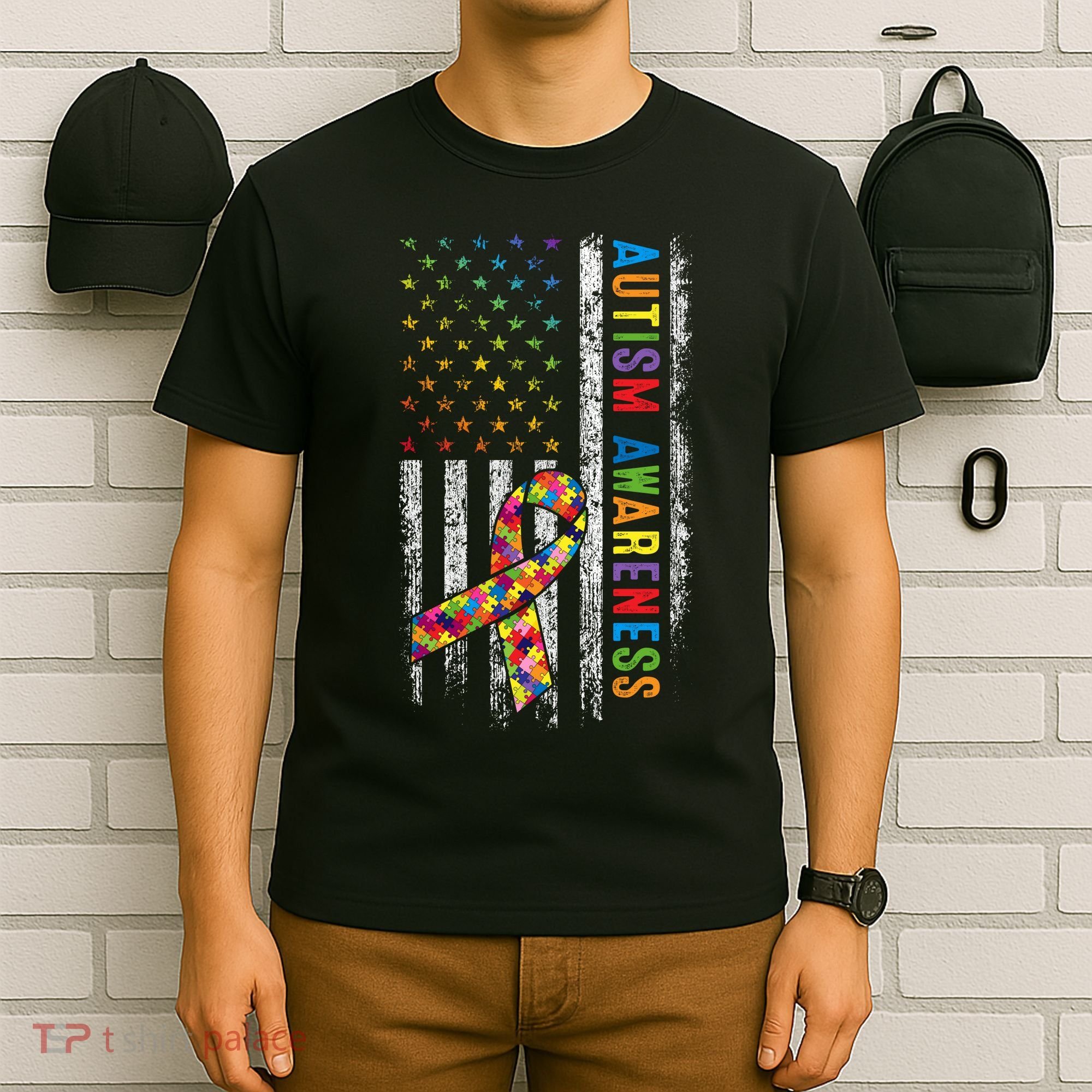 Autism Awareness Puzzle Ribbon Usa Flag T-Shirt