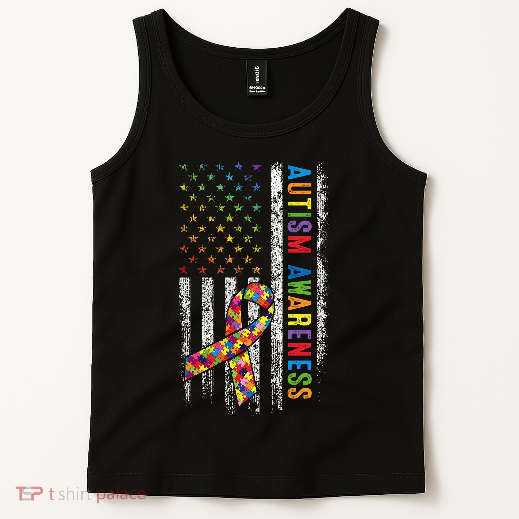Autism Awareness Puzzle Ribbon Usa Flag Tank Top