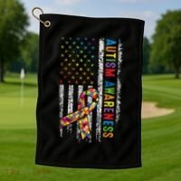 Autism Awareness Puzzle Ribbon Usa Flag Golf Towel thumb 1