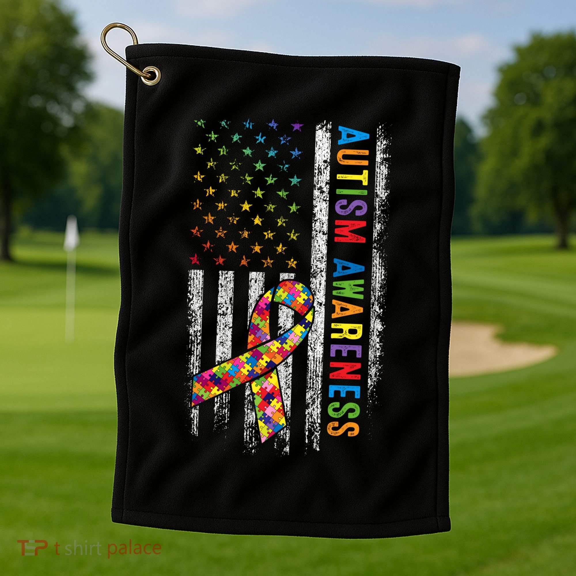 Autism Awareness Puzzle Ribbon Usa Flag Golf Towel