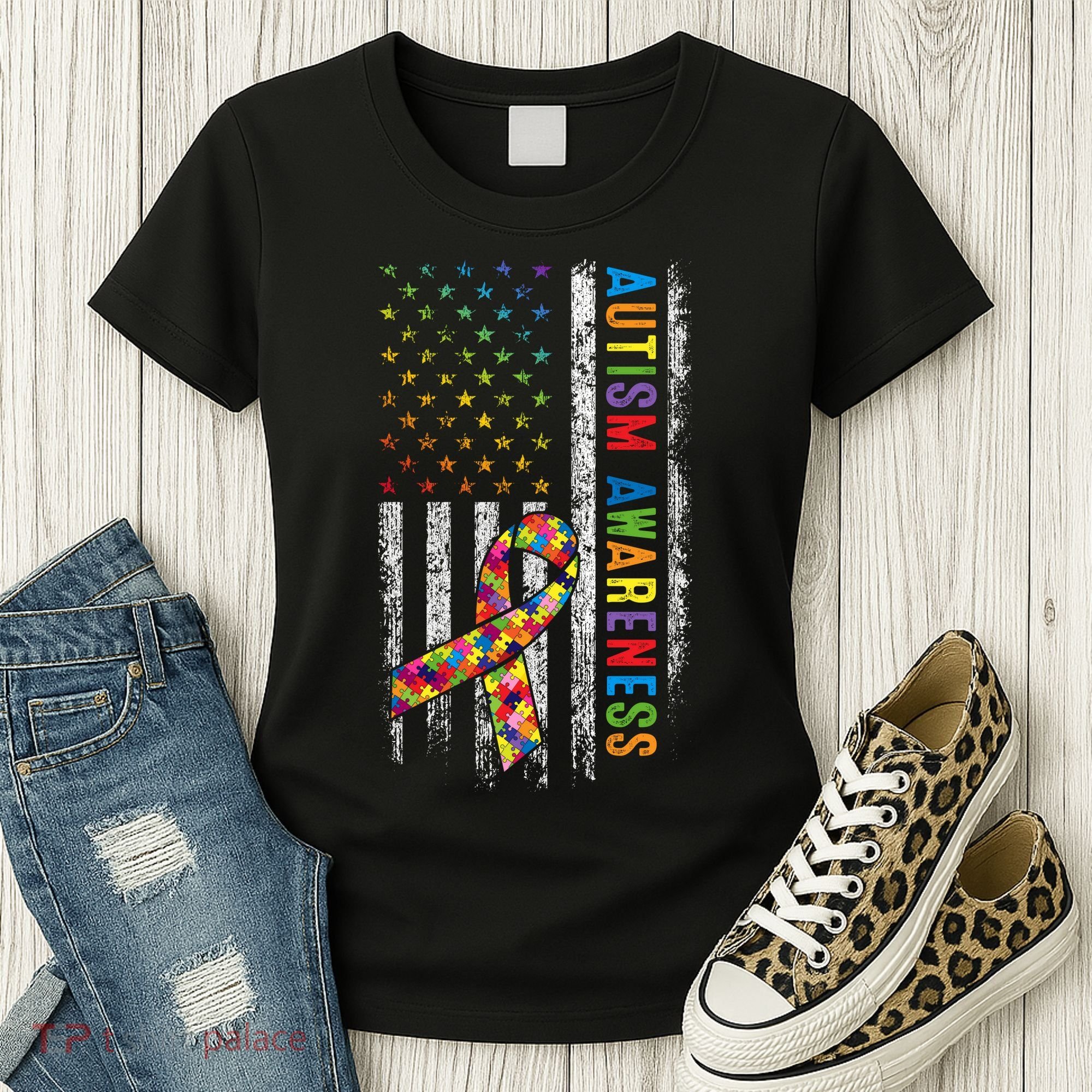 Autism Awareness Puzzle Ribbon Usa Flag Women's T-Shirt