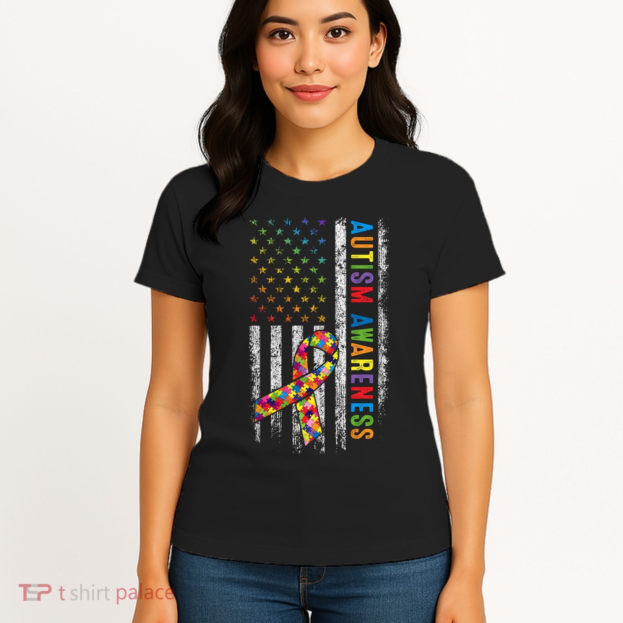Autism Awareness Puzzle Ribbon Usa Flag Women's T-Shirt