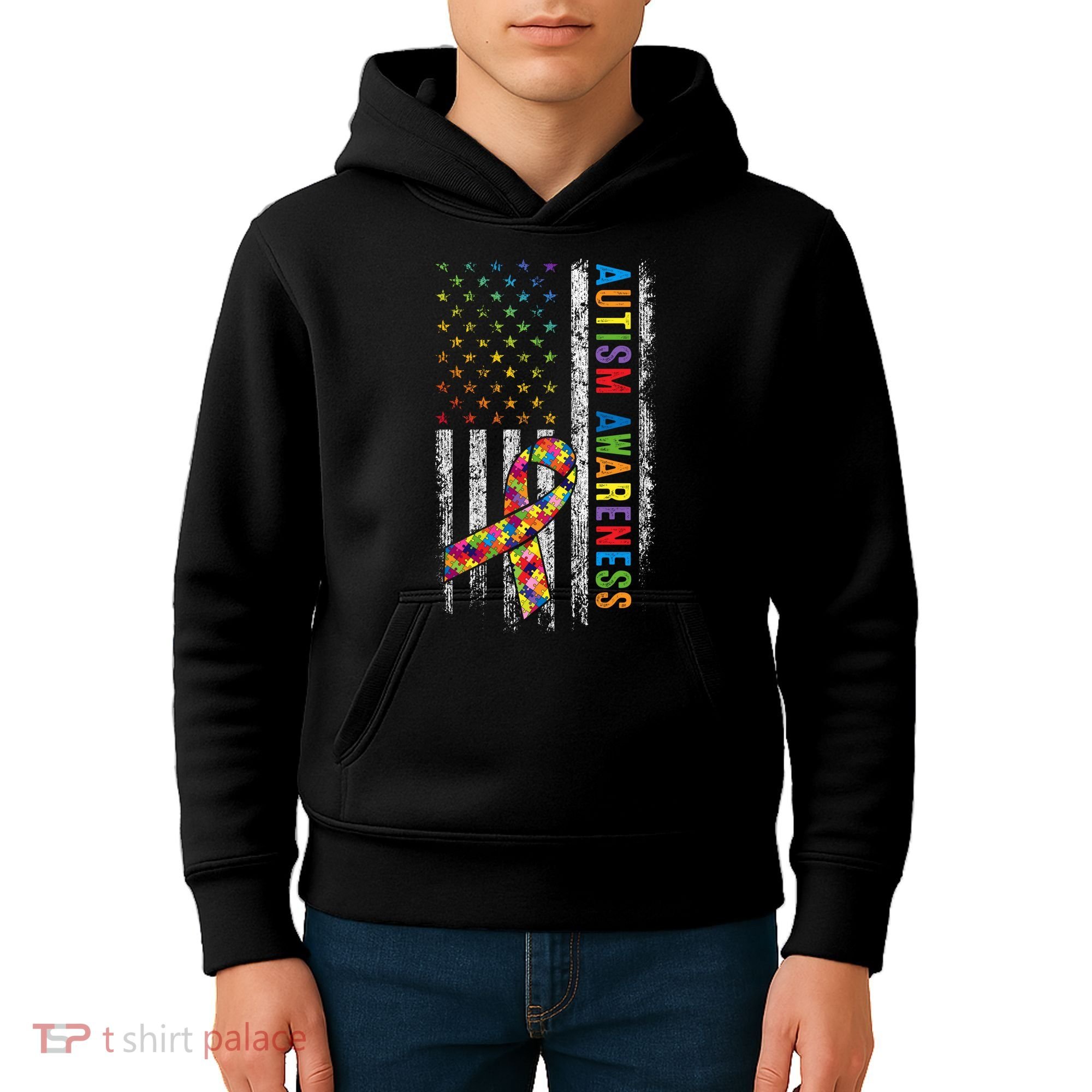 Autism Awareness Puzzle Ribbon Usa Flag Kids Hoodie