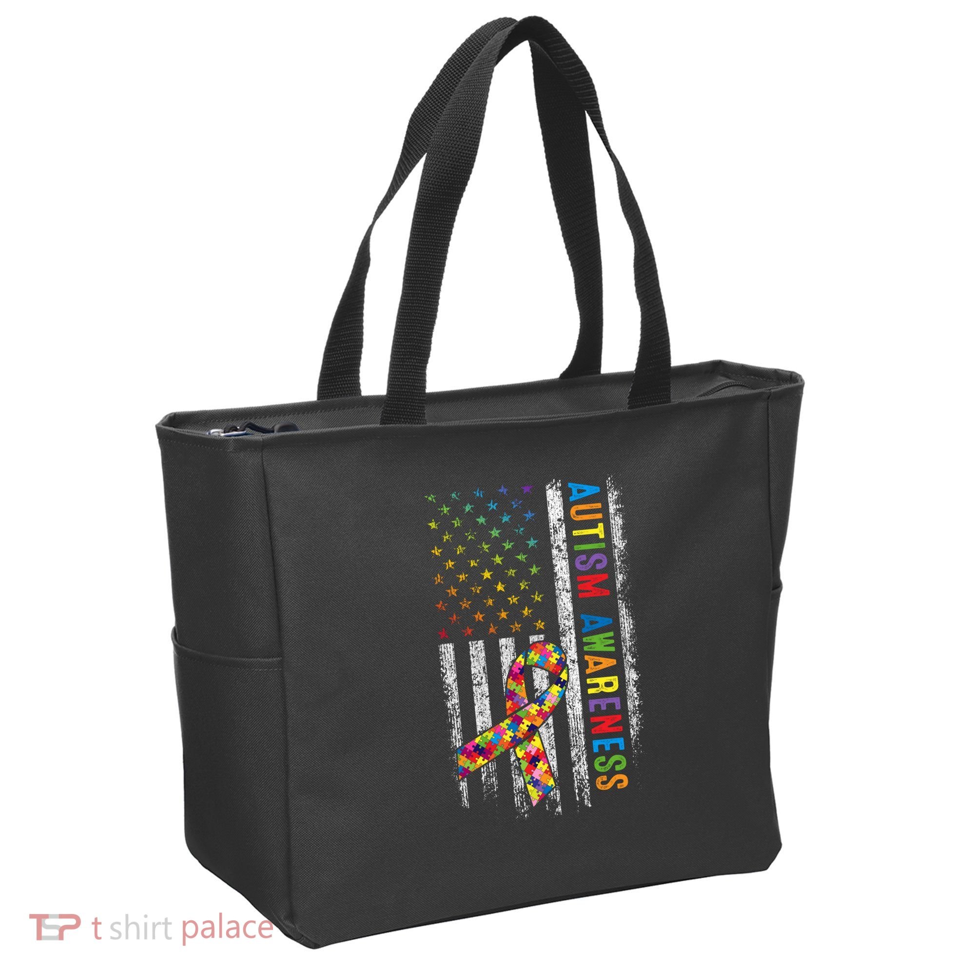 Autism Awareness Puzzle Ribbon Usa Flag Tote Bag