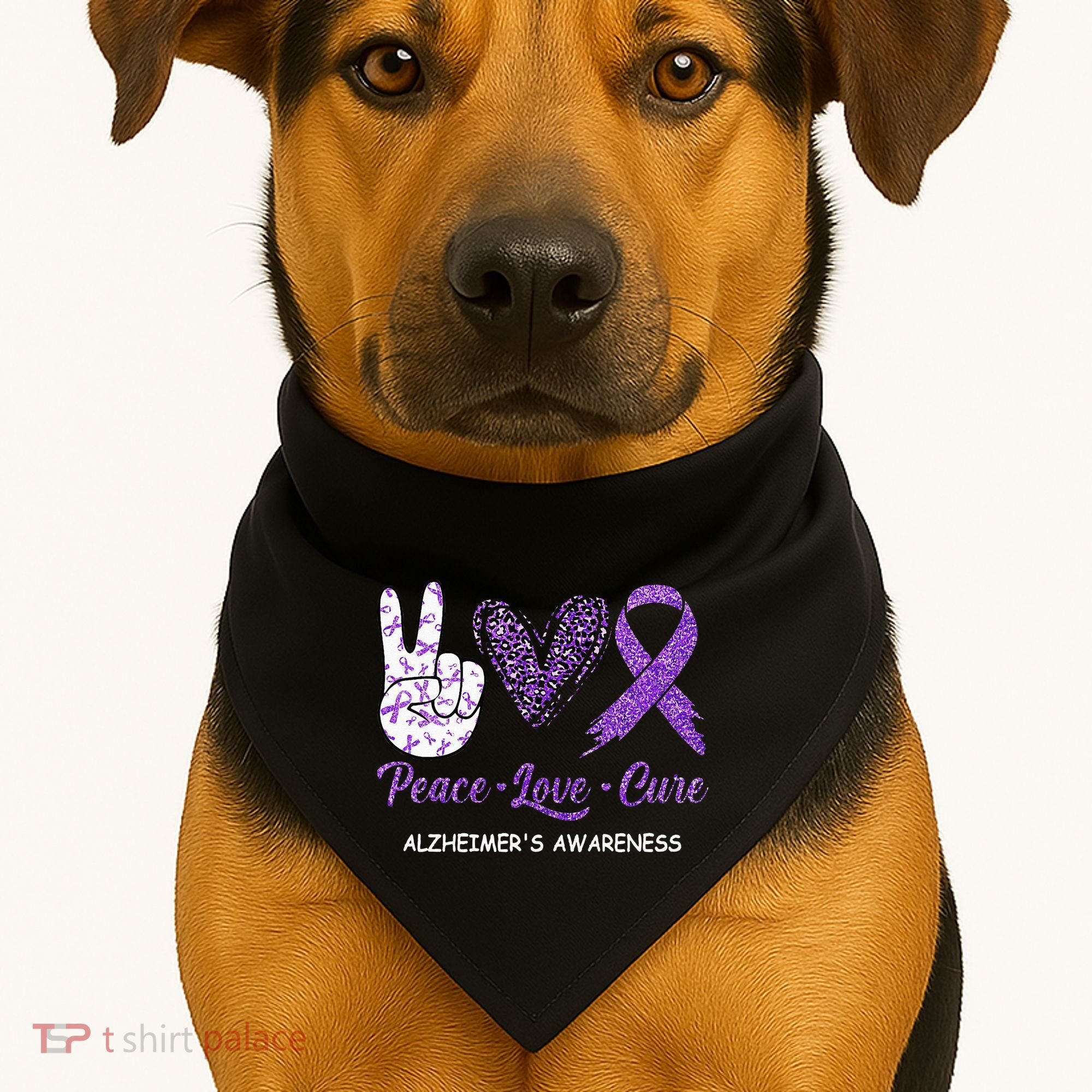 Alzheimers Awareness Peace Love Cure Leopard USA-Made Doggie Bandana