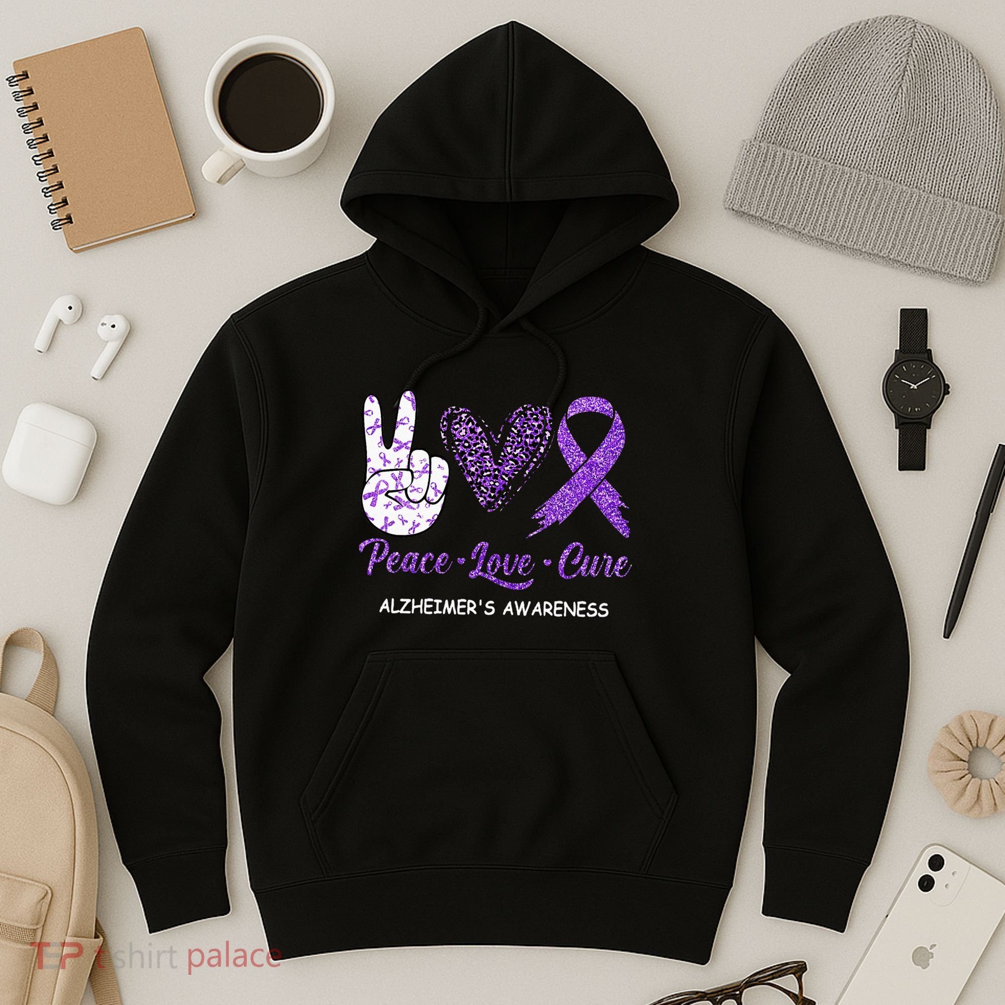 Alzheimers Awareness Peace Love Cure Leopard Hoodie
