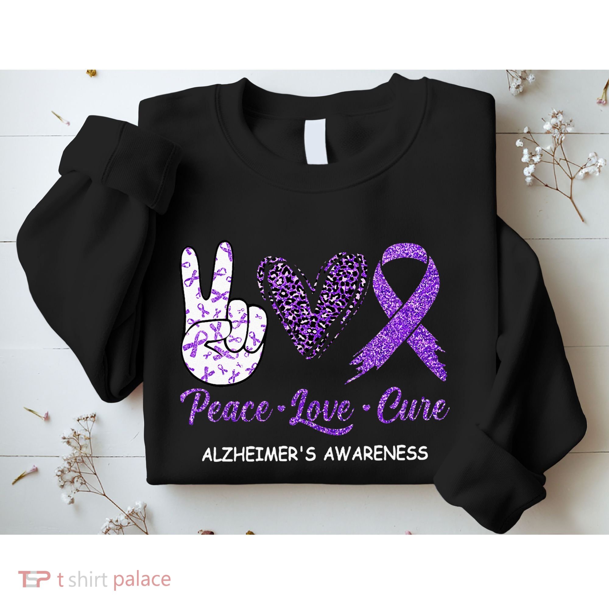 Alzheimers Awareness Peace Love Cure Leopard Sweatshirt