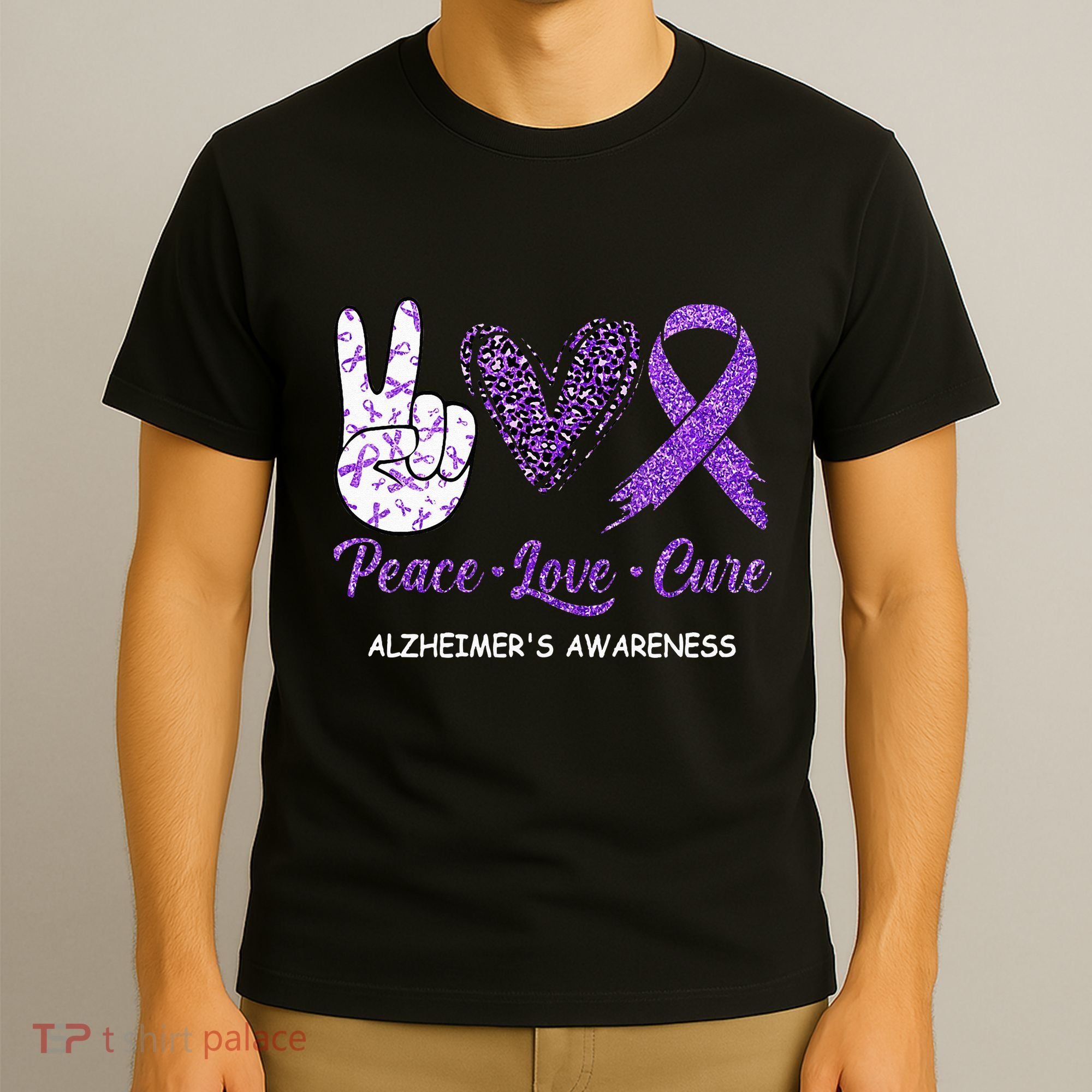 Alzheimers Awareness Peace Love Cure Leopard T-Shirt