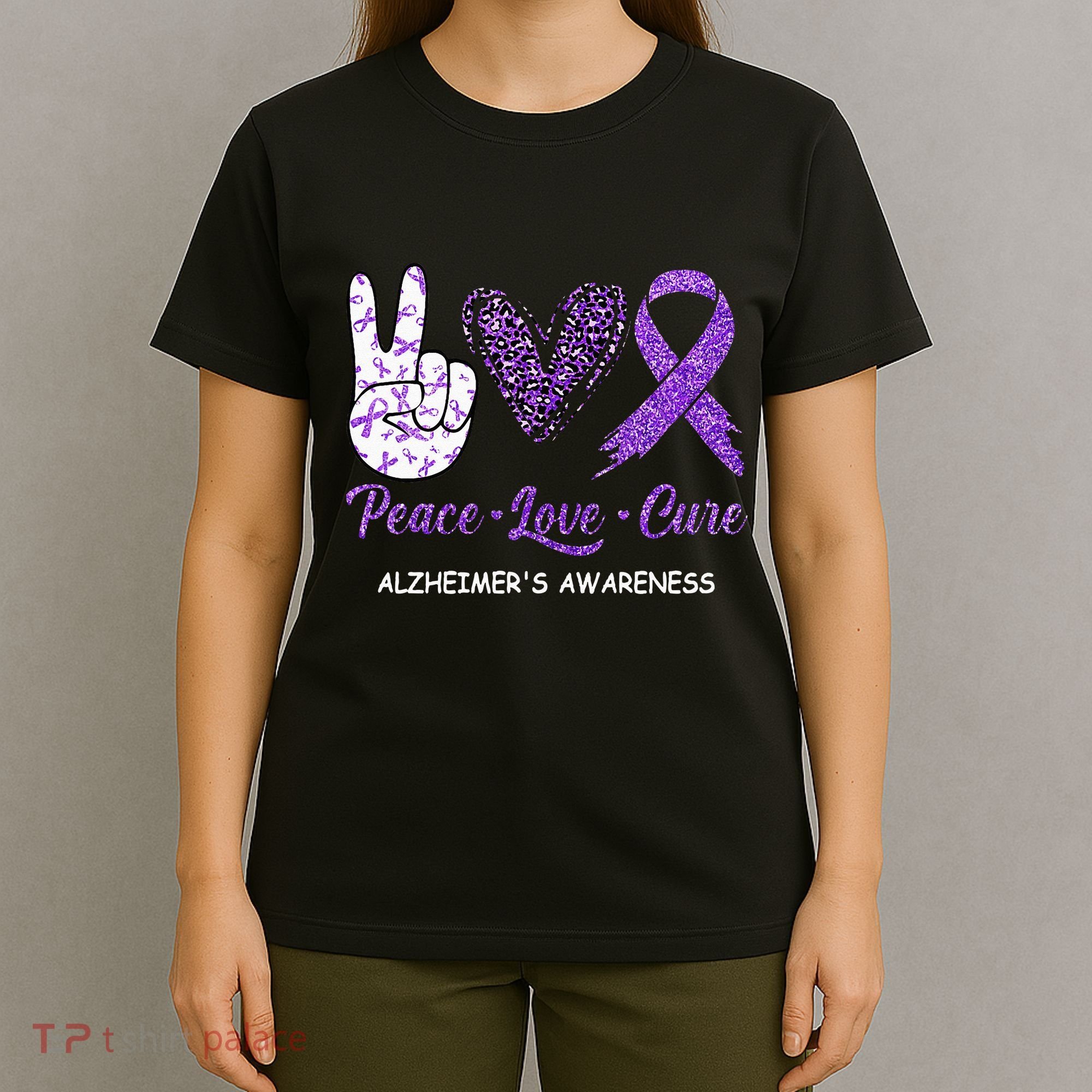 Alzheimers Awareness Peace Love Cure Leopard T-Shirt