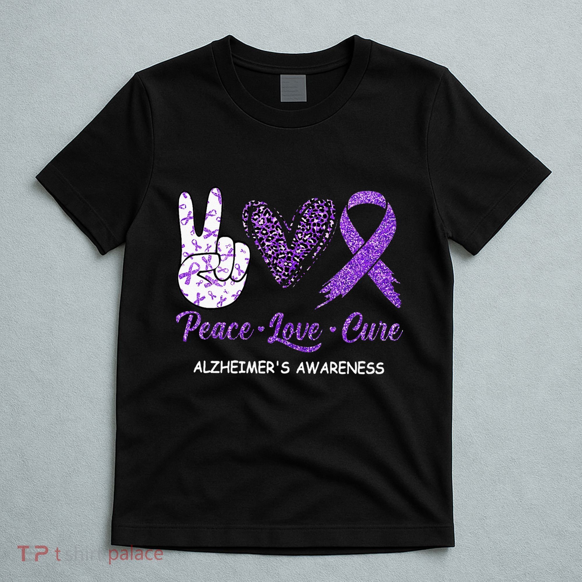 Alzheimers Awareness Peace Love Cure Leopard T-Shirt