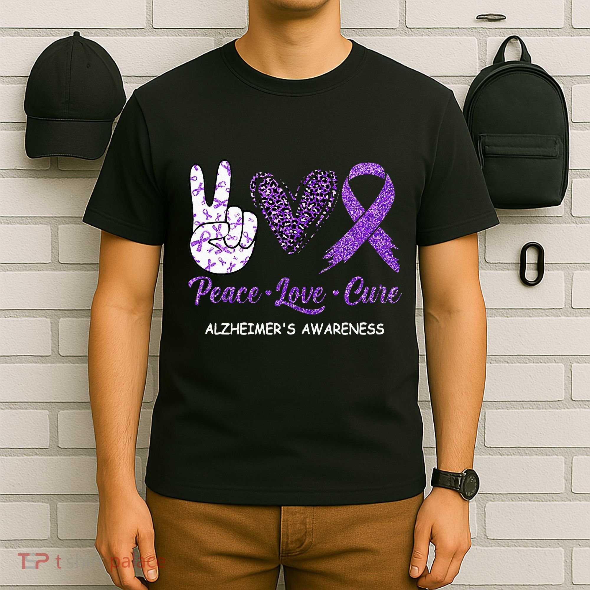 Alzheimers Awareness Peace Love Cure Leopard T-Shirt