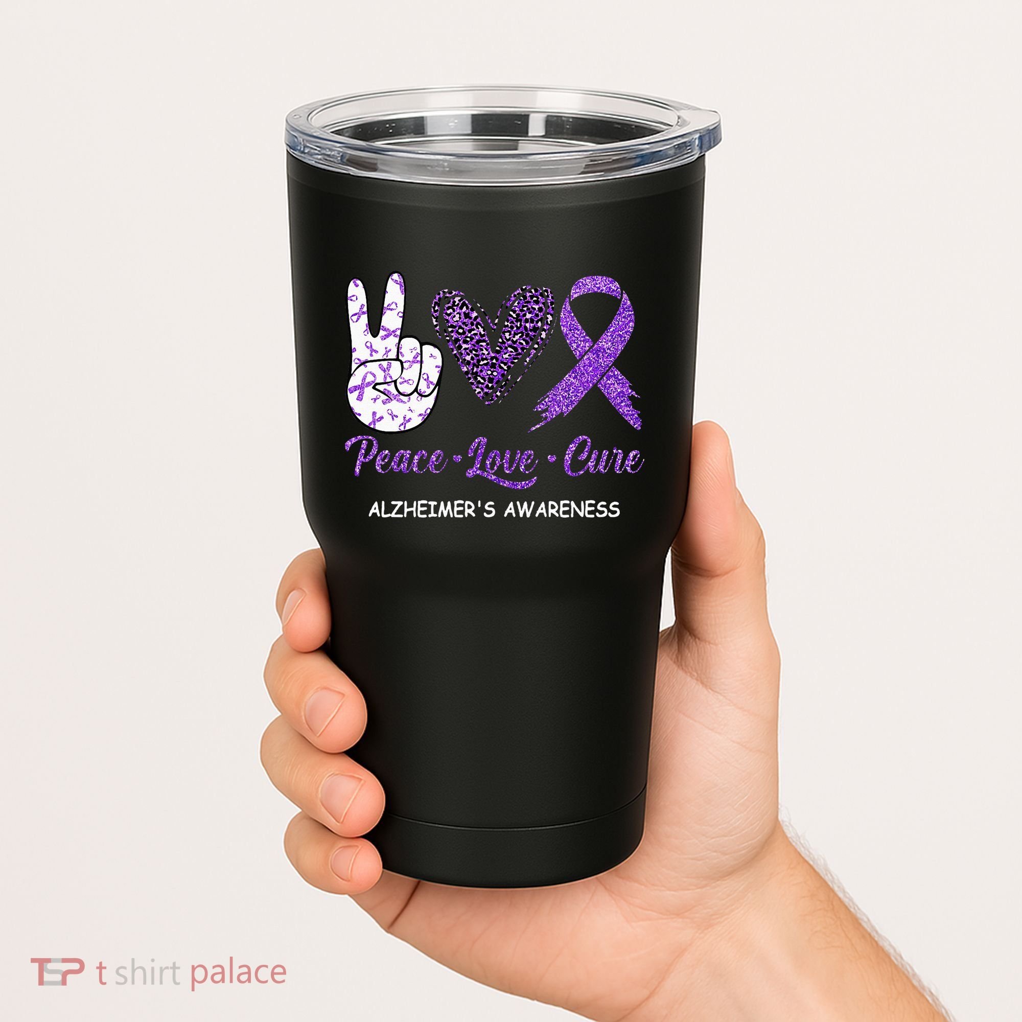 Alzheimers Awareness Peace Love Cure Leopard Tumbler