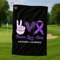 Alzheimers Awareness Peace Love Cure Leopard Golf Towel thumb 1