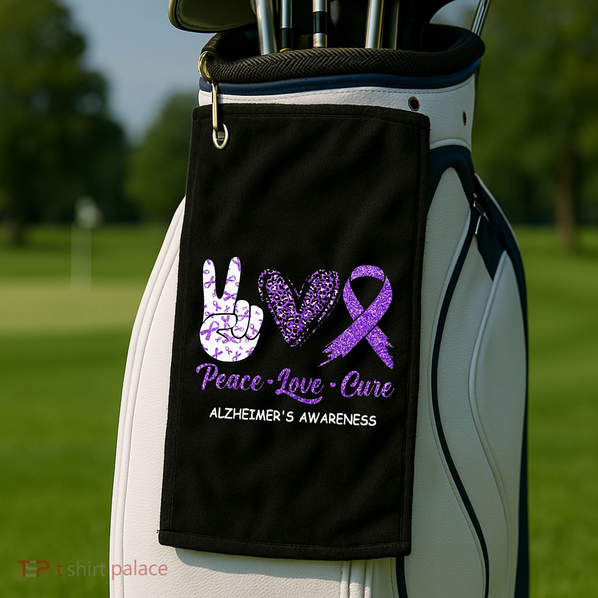 Alzheimers Awareness Peace Love Cure Leopard Golf Towel