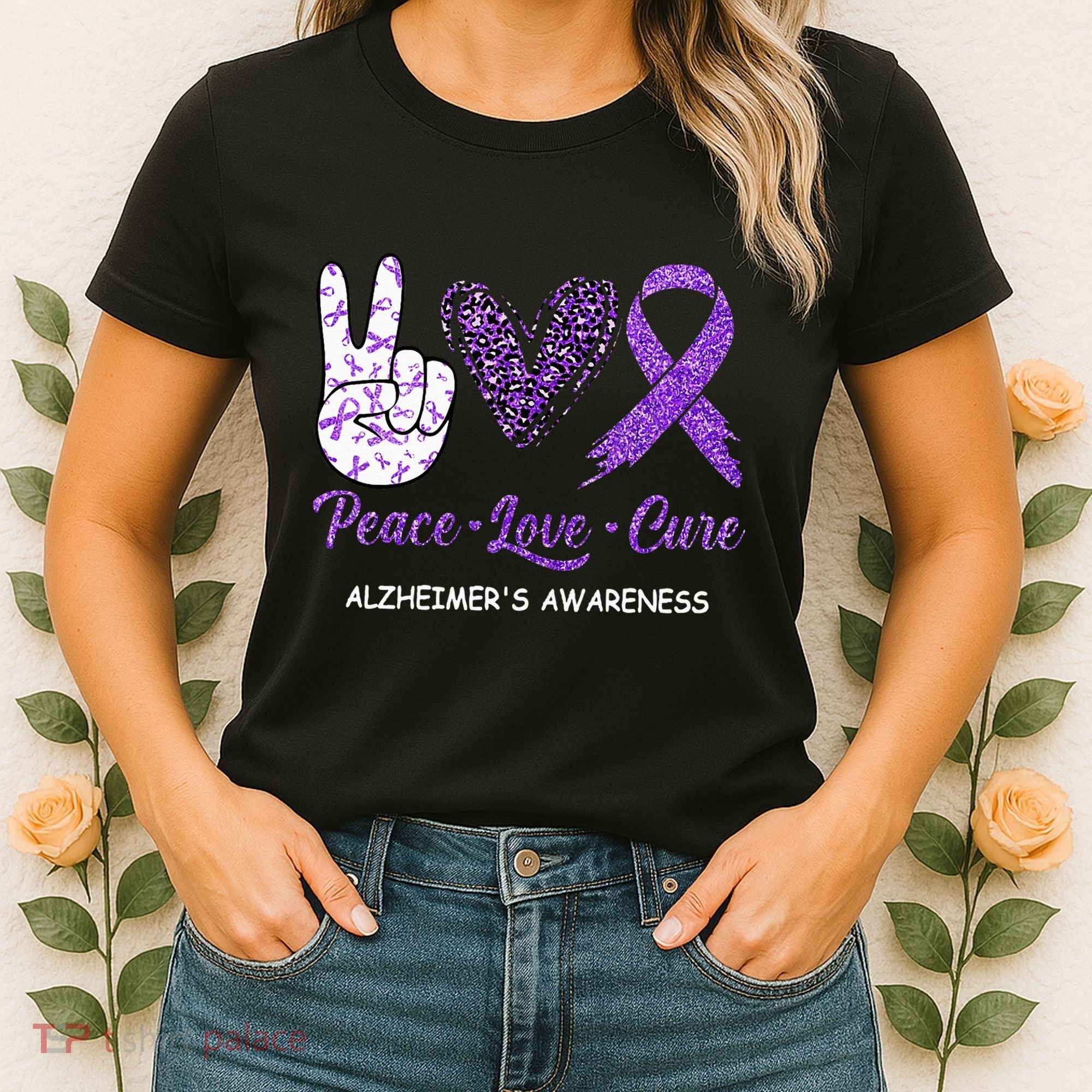 Alzheimers Awareness Peace Love Cure Leopard Women's T-Shirt